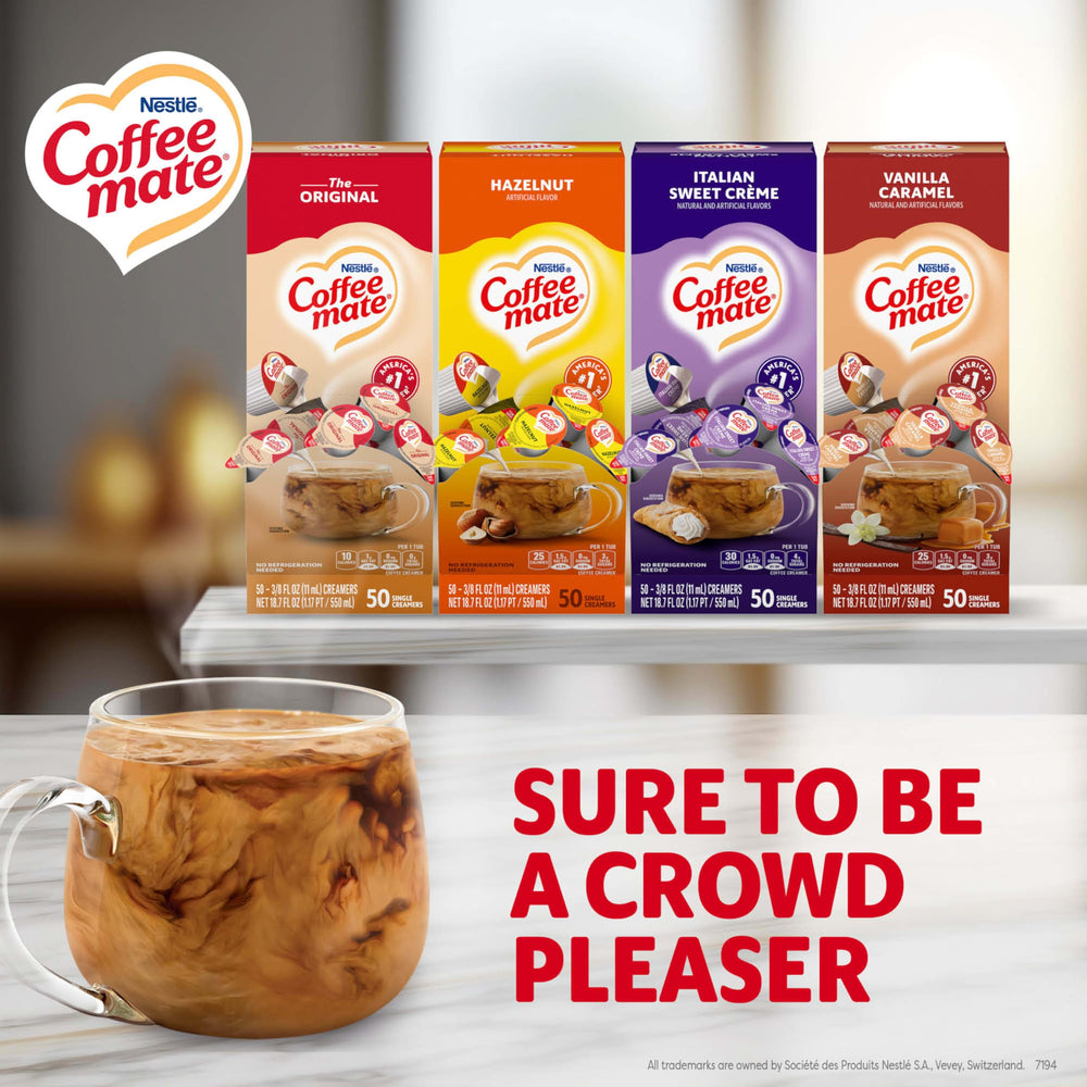 Coffee mate Hazelnut creamer single, rich nutty note for smoother coffee.