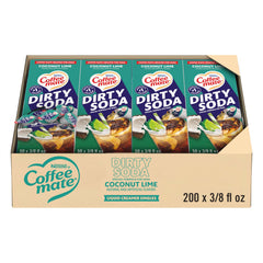 Coffee Mate Dirty Soda Coconut Lime tub front view, shelf-stable single-serve creamer.