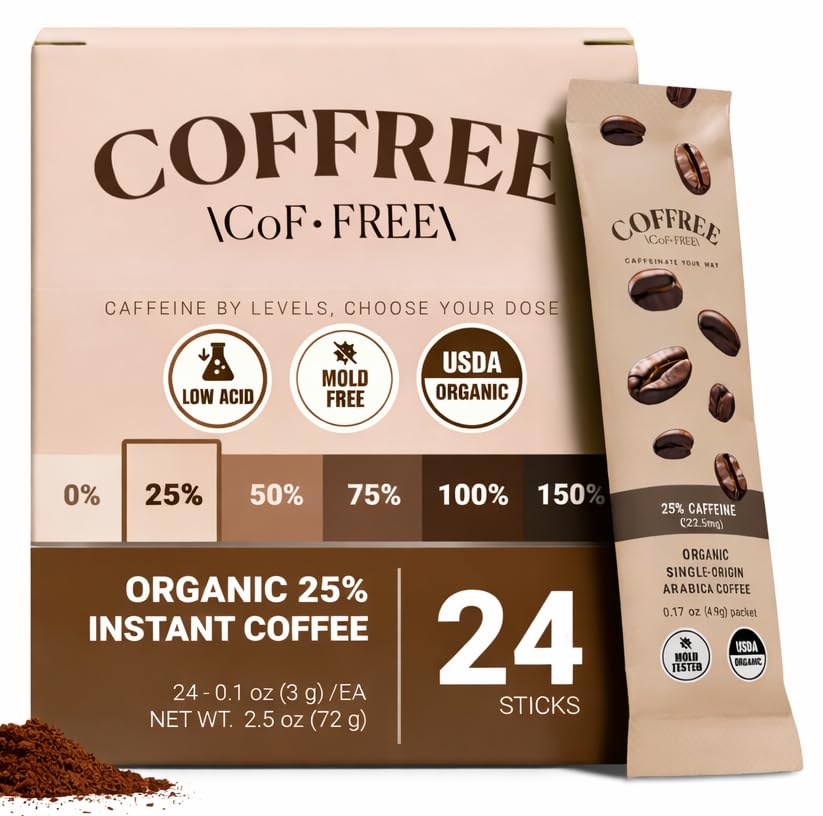 COFFREE organic instant coffee packets offer a gentle lift from 25% caffeine.
