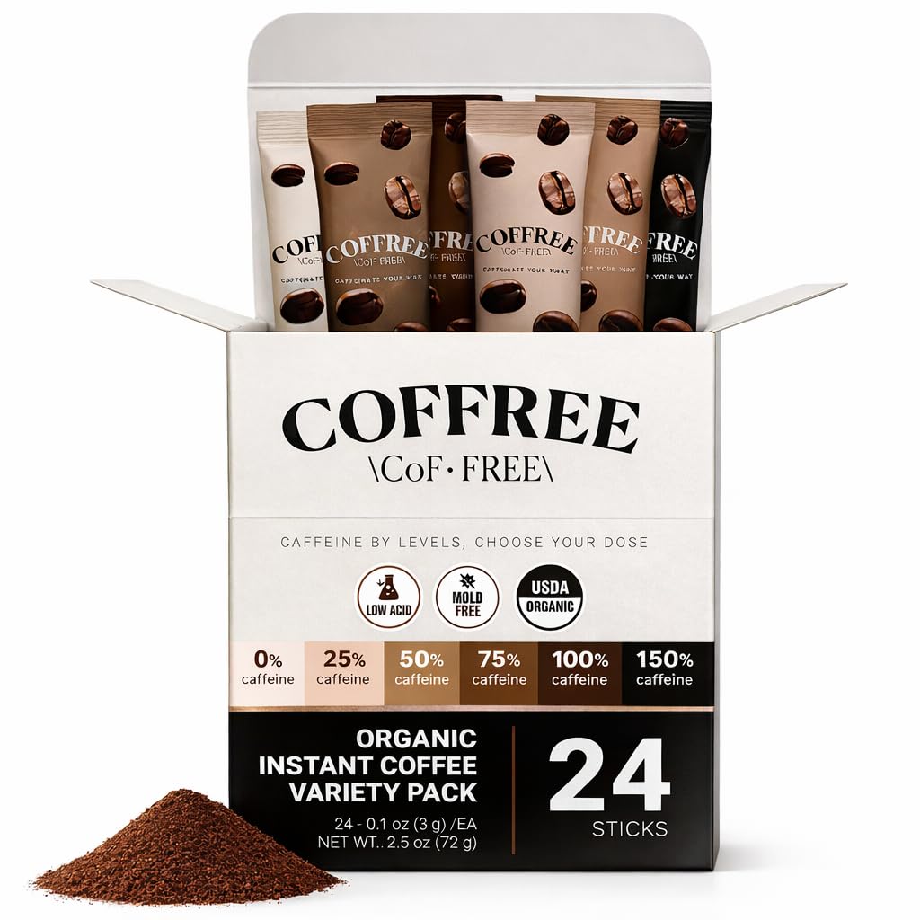 COFFREE Organic Instant Coffee Packets Variety Pack for customizable energy on the go.