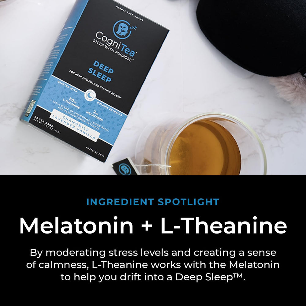 CogniTea Deep Sleep Tea label packaging emphasizes organic non-GMO ingredients