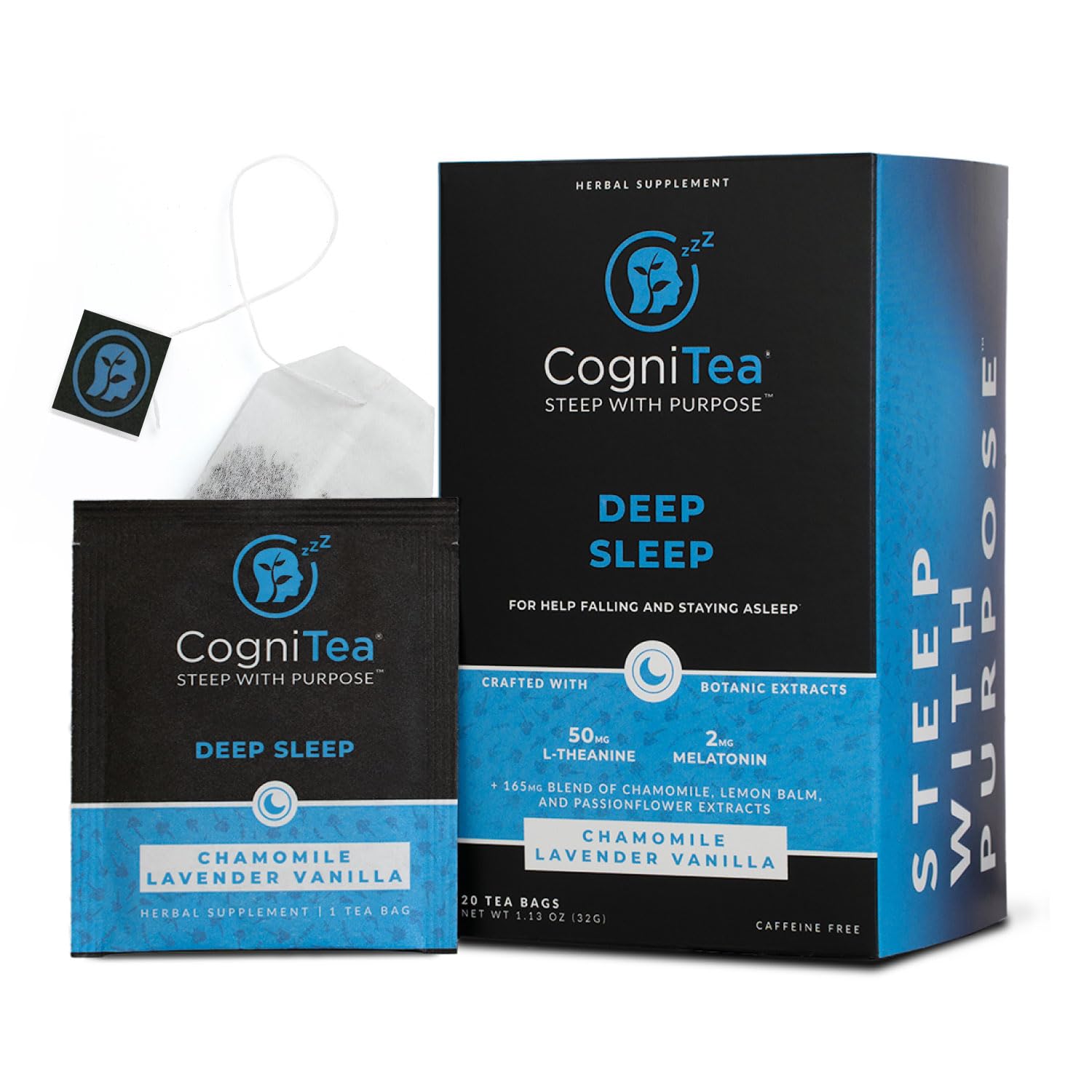 CogniTea Deep Sleep Tea packaging front signals calm nights for restful evenings