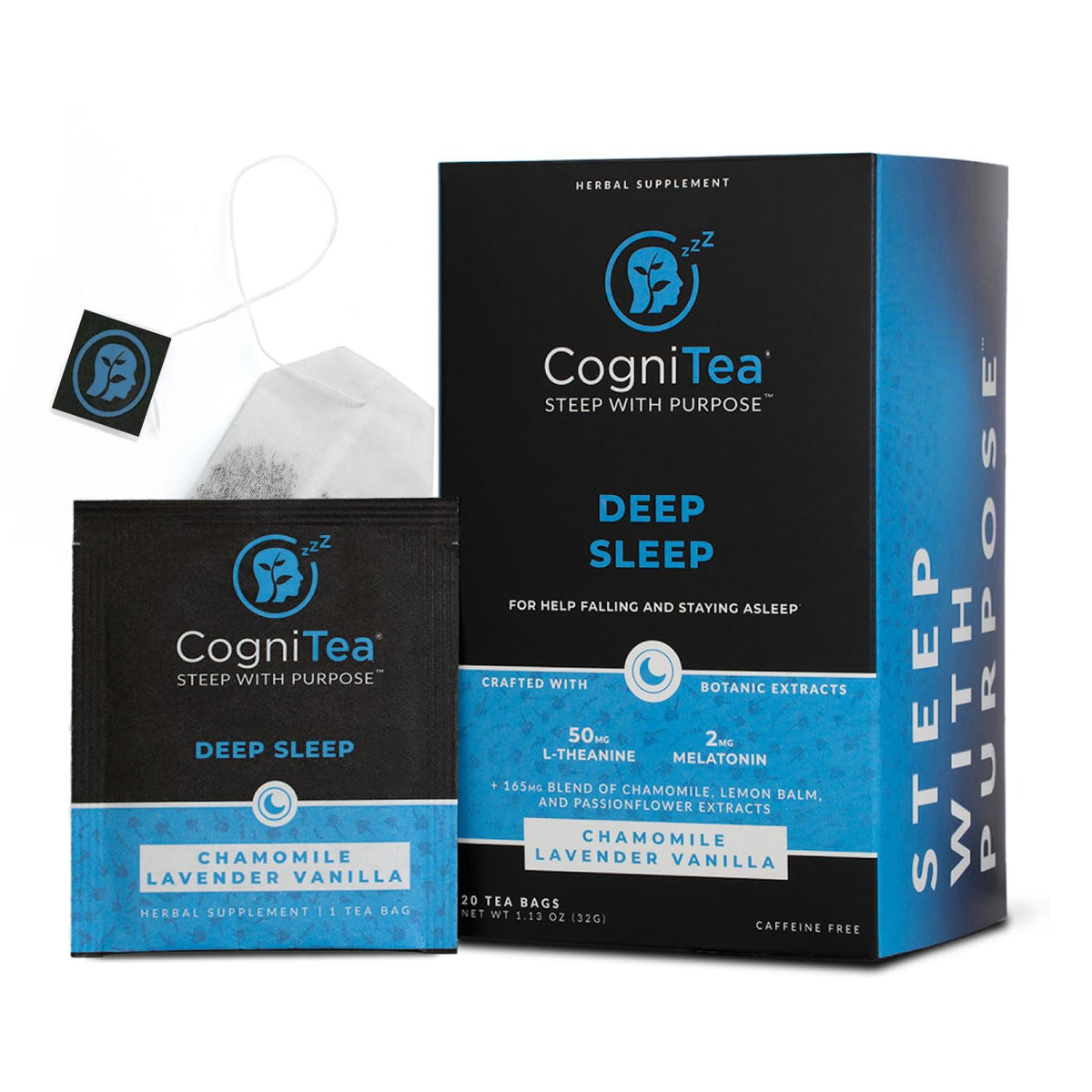 CogniTea Deep Sleep Tea packaging front signals calm nights for restful evenings