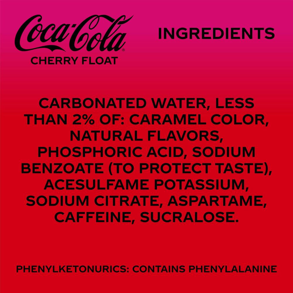 Coca-Cola Zero Sugar Cherry Float can closeup highlighting vanilla swirls and fizz