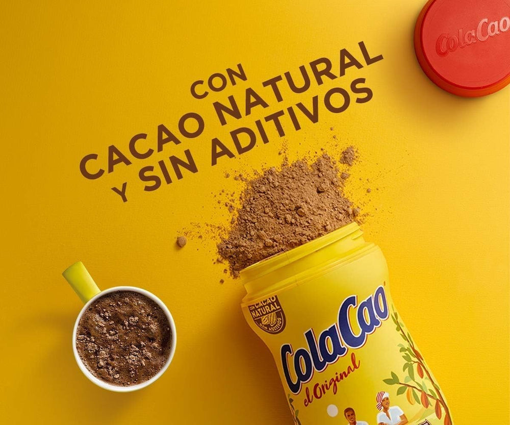 Cola Cao Spain origin label highlighting imported cacao.