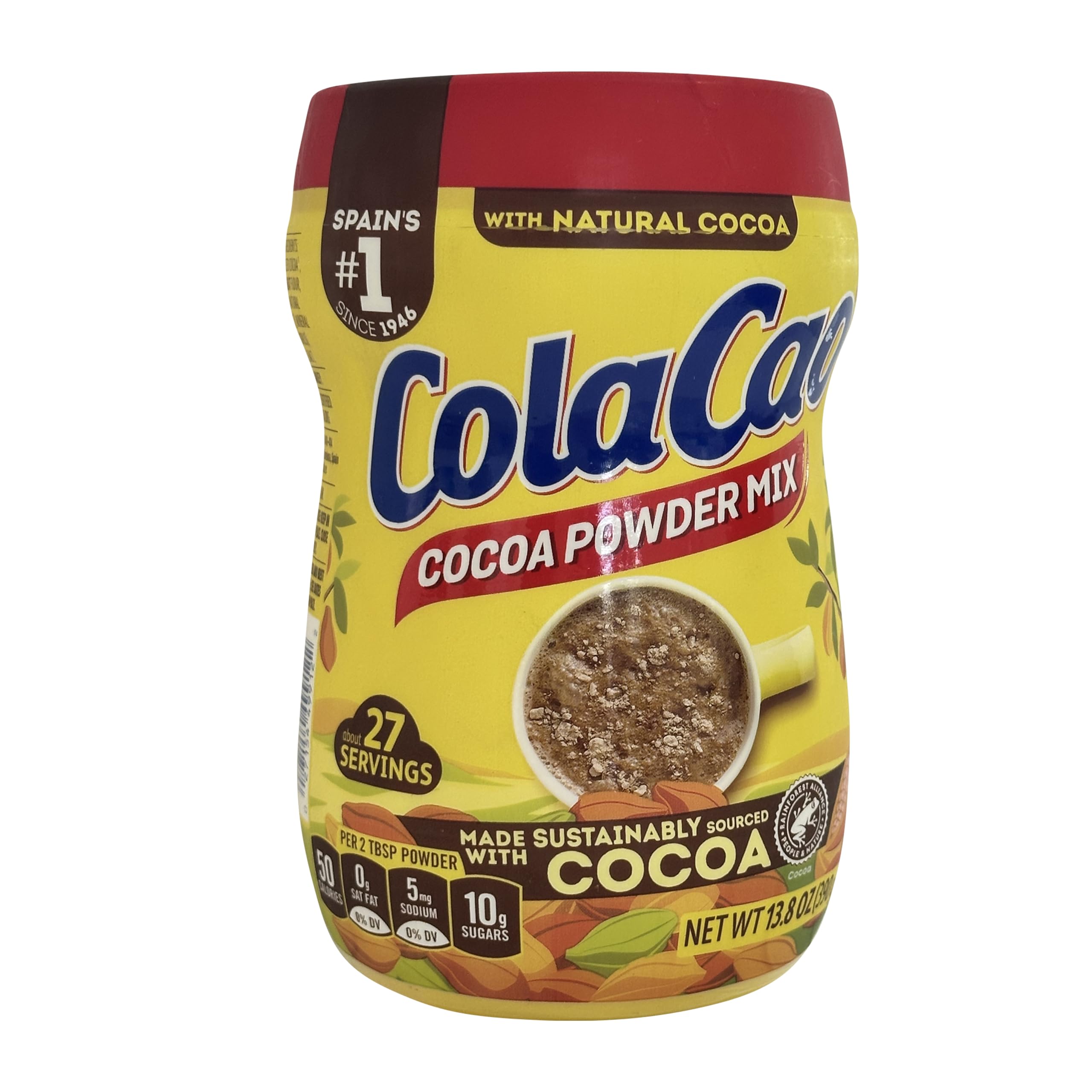 ColaCao cocoa powder mix jar for rich, authentic hot chocolate.