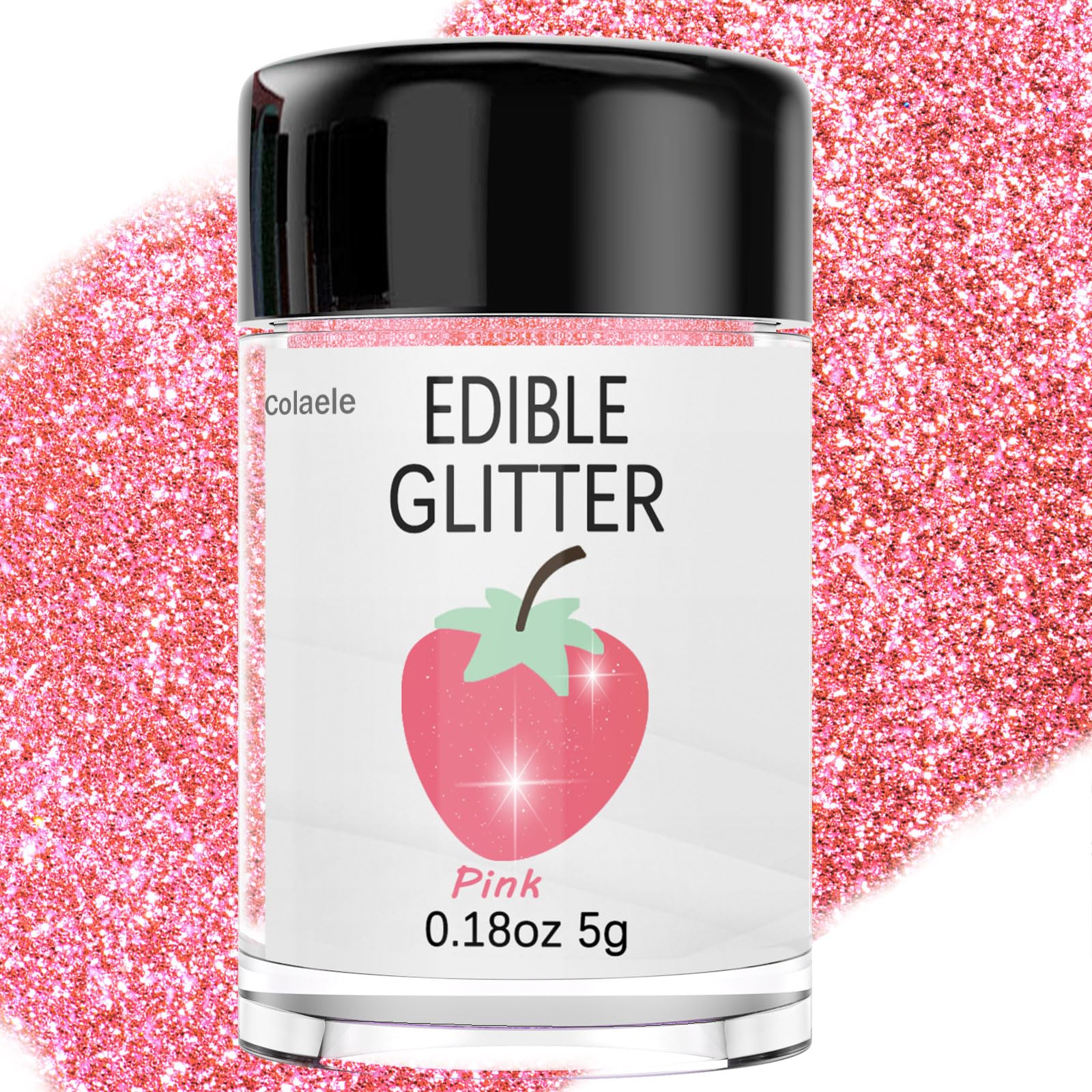 Colaele pink edible glitter dust jar closeup for eye-catching cake decorations.