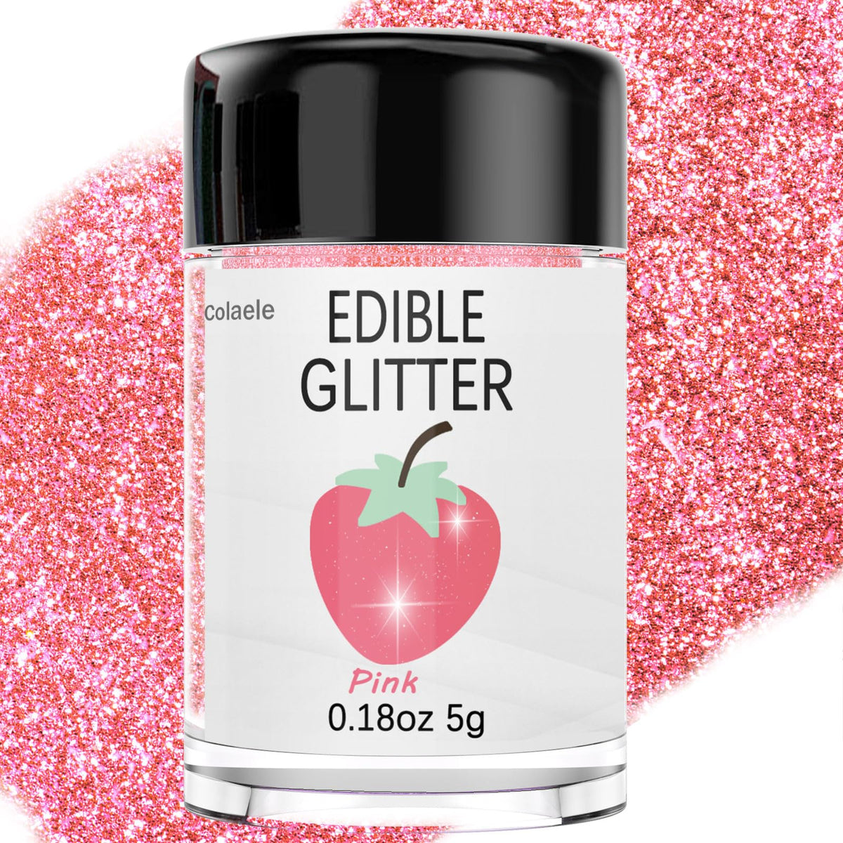 Colaele pink edible glitter dust jar closeup for eye-catching cake decorations.