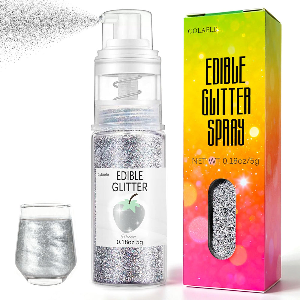 Colaele Silver Edible Glitter Spray packaging showing no-mess spray bottle.