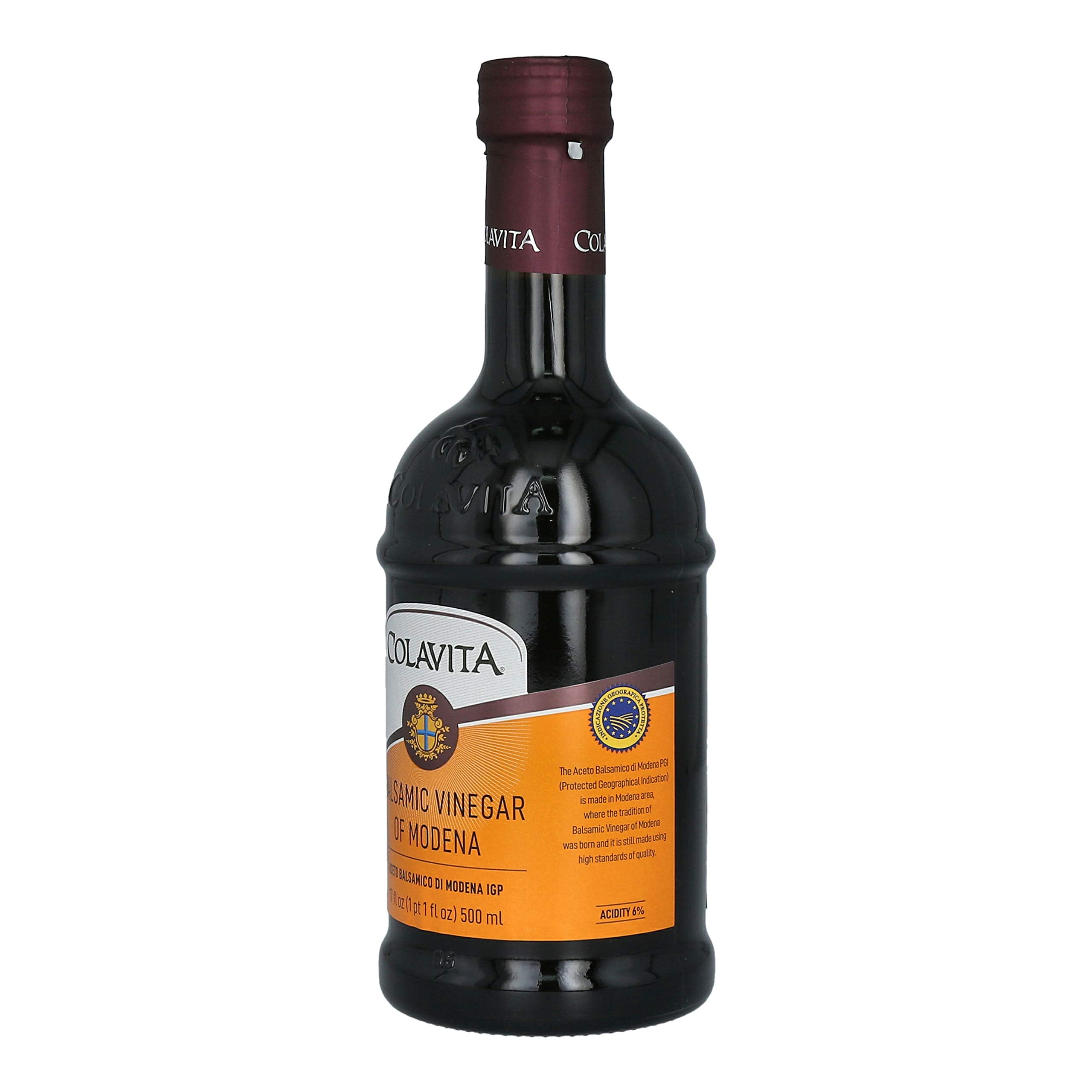 Colavita balsamic Modena bottle with greens, enhances salads and beans.