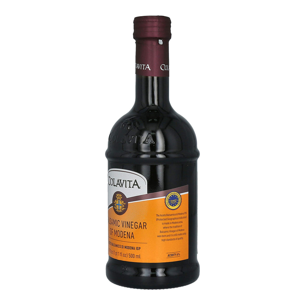 Colavita balsamic Modena bottle with greens, enhances salads and beans.