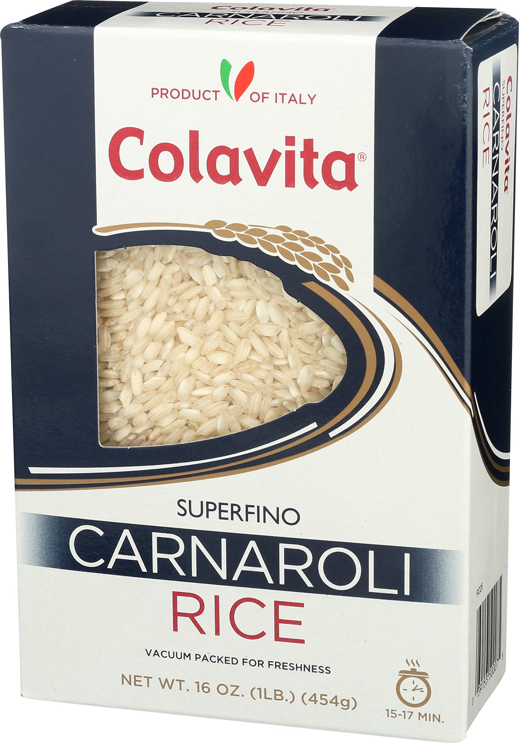 COLAVITA Carnaroli rice cook time graphic showing 15-17 minutes.
