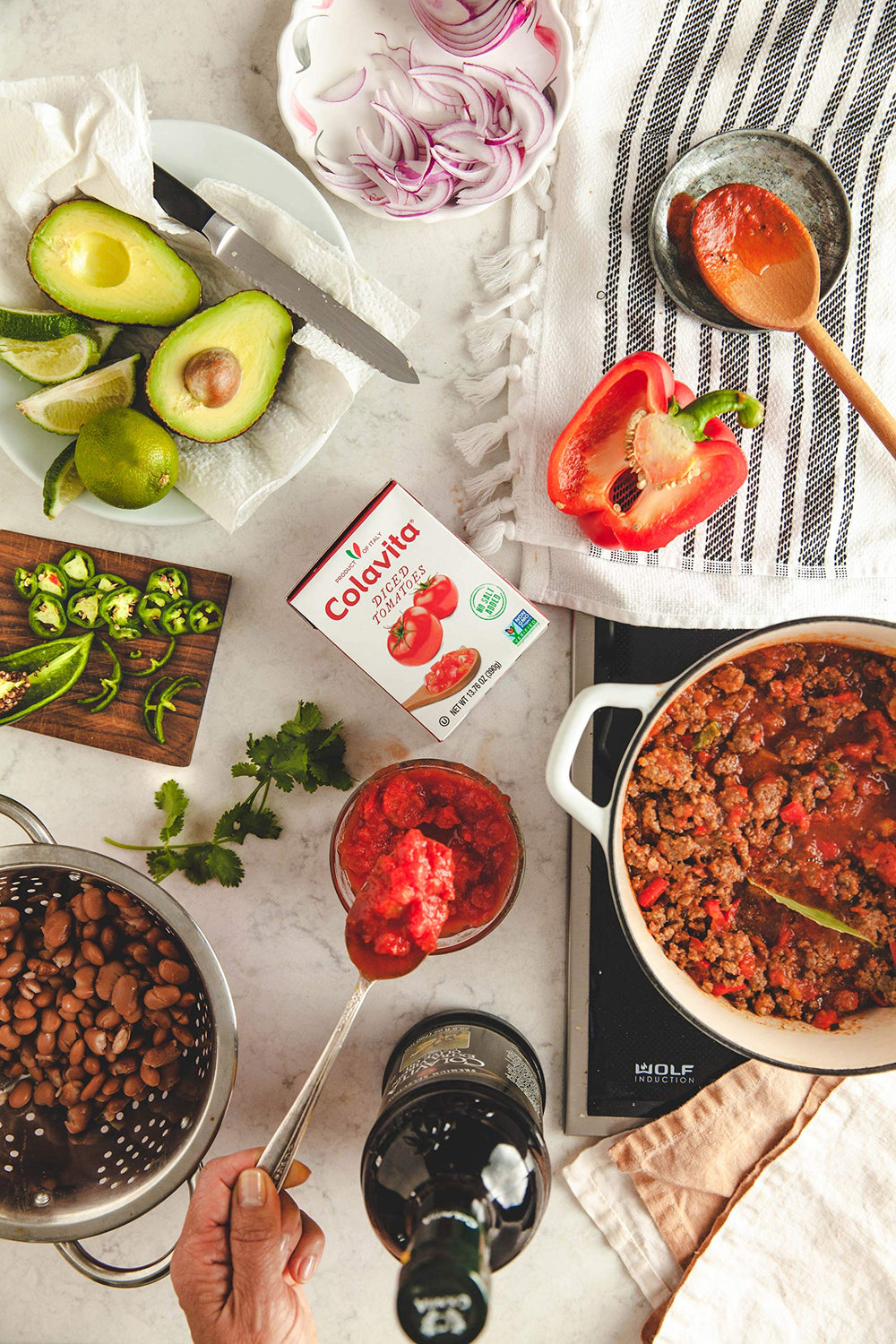 Colavita diced tomatoes used as sauce base; simmering flavor.