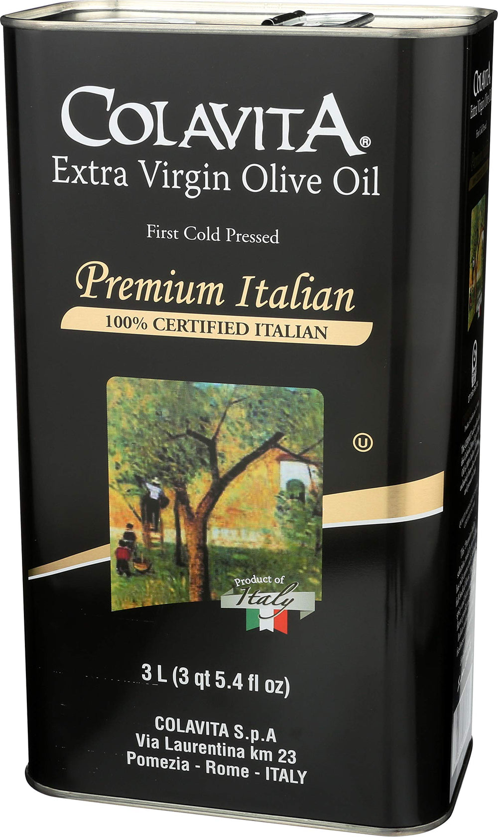 Colavita premium EVOO tin on shelf underscoring durable packaging and freshness