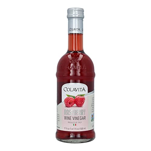 Side view of Colavita Raspberry Red Wine Vinegar bottle in kitchen