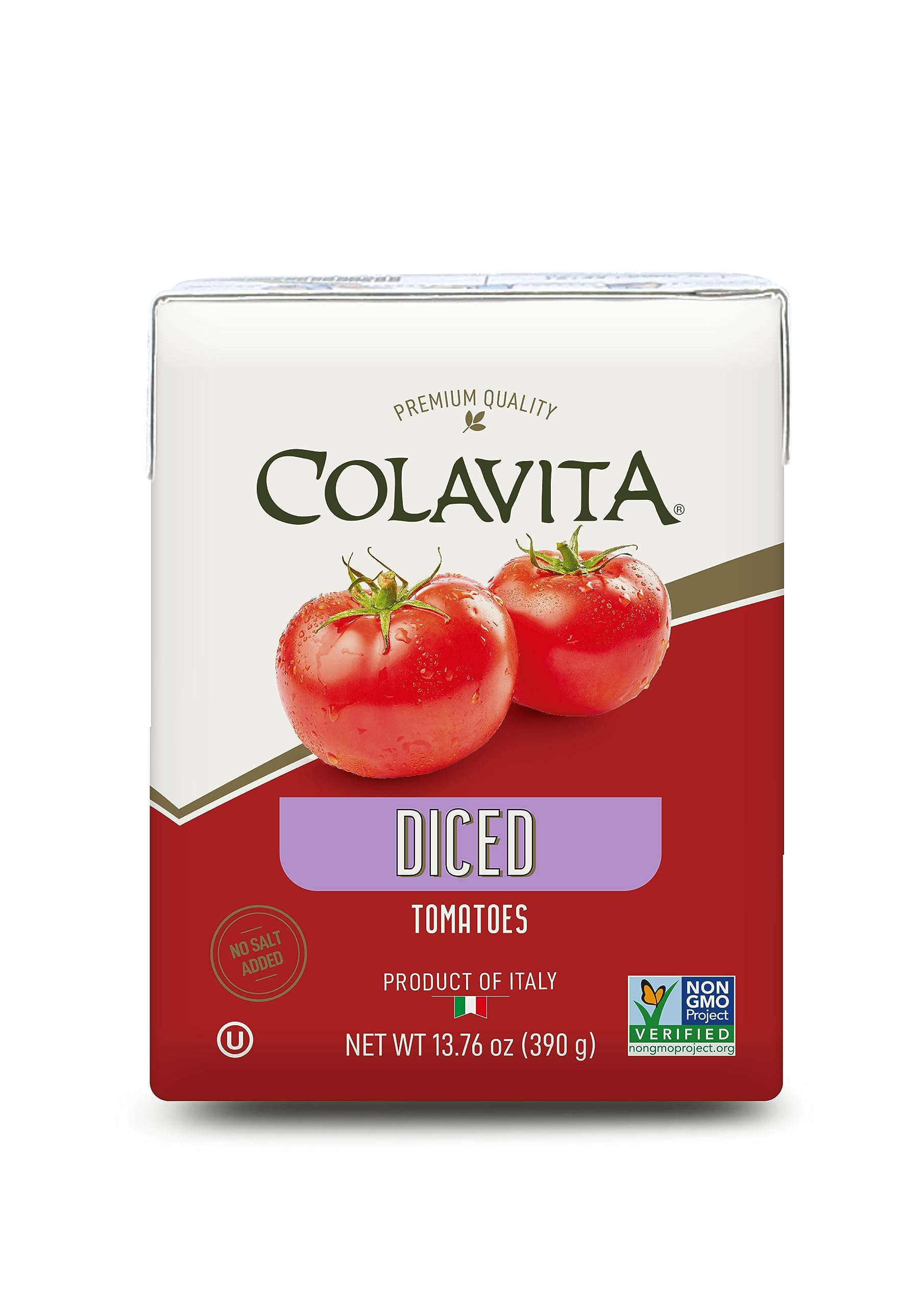 Colavita Recart diced tomatoes close-up showing uniform chunks for quick sauces.