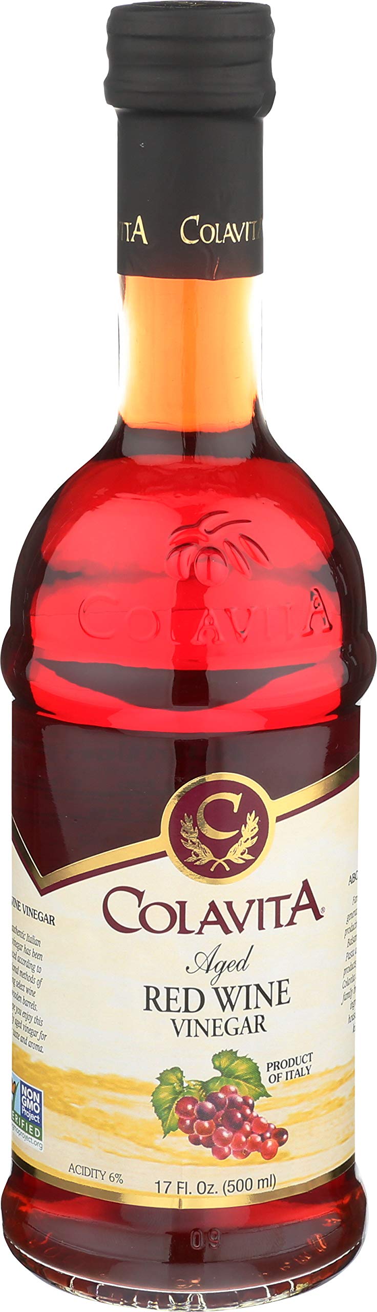 Colavita red wine vinegar glass bottle close-up label, premium aging flavor.