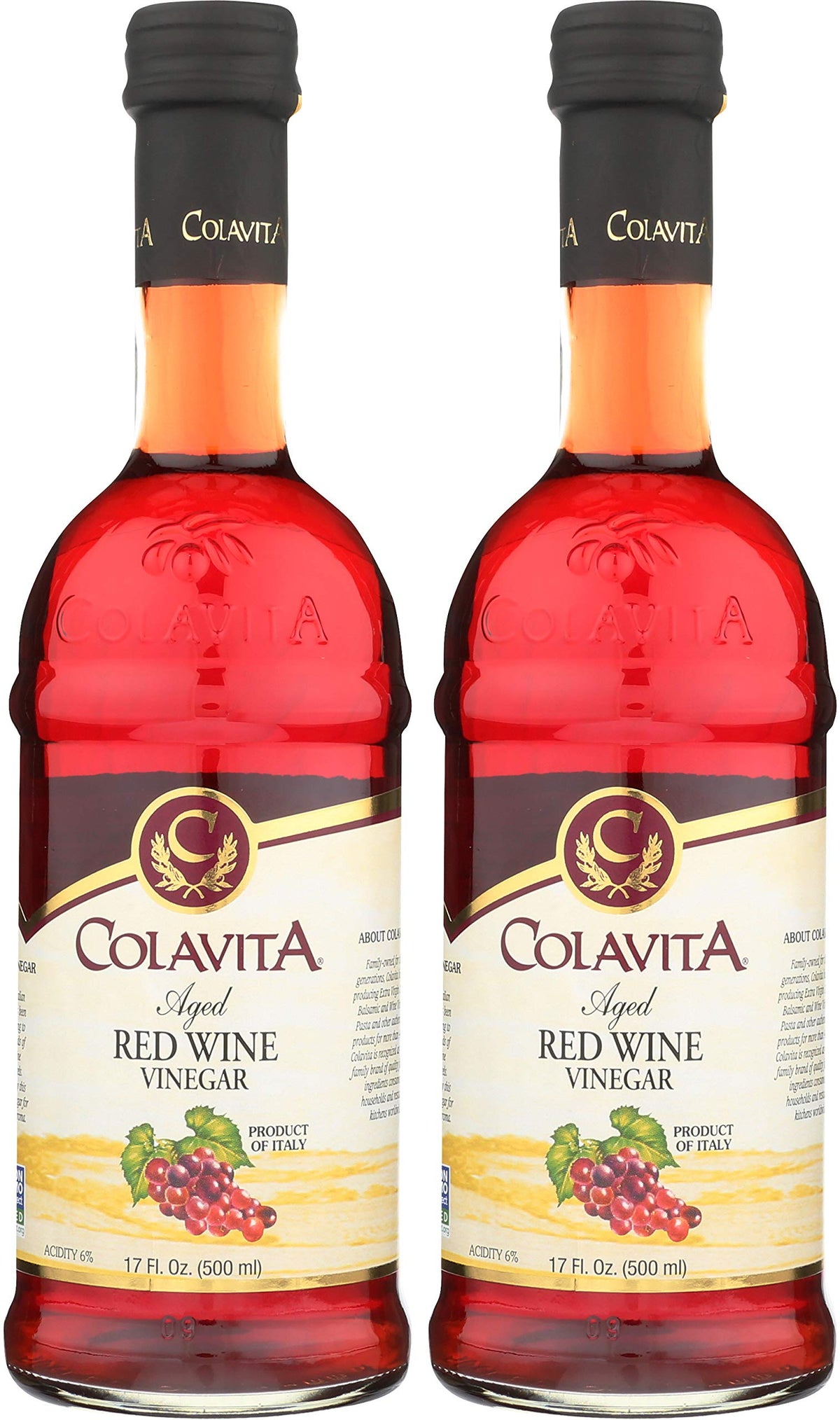 Colavita red wine vinegar pack front view, two glass bottles ready for everyday cooking.