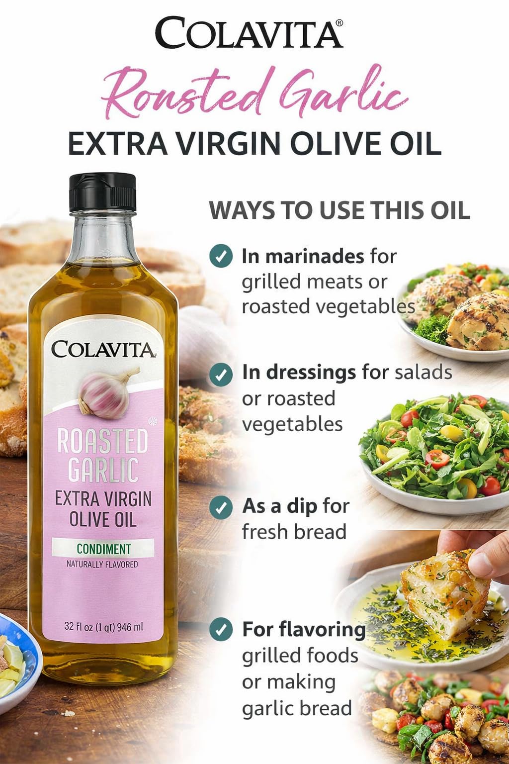 Bread dipped in Colavita Roasted Garlic EVOO offers warm, savory aroma.