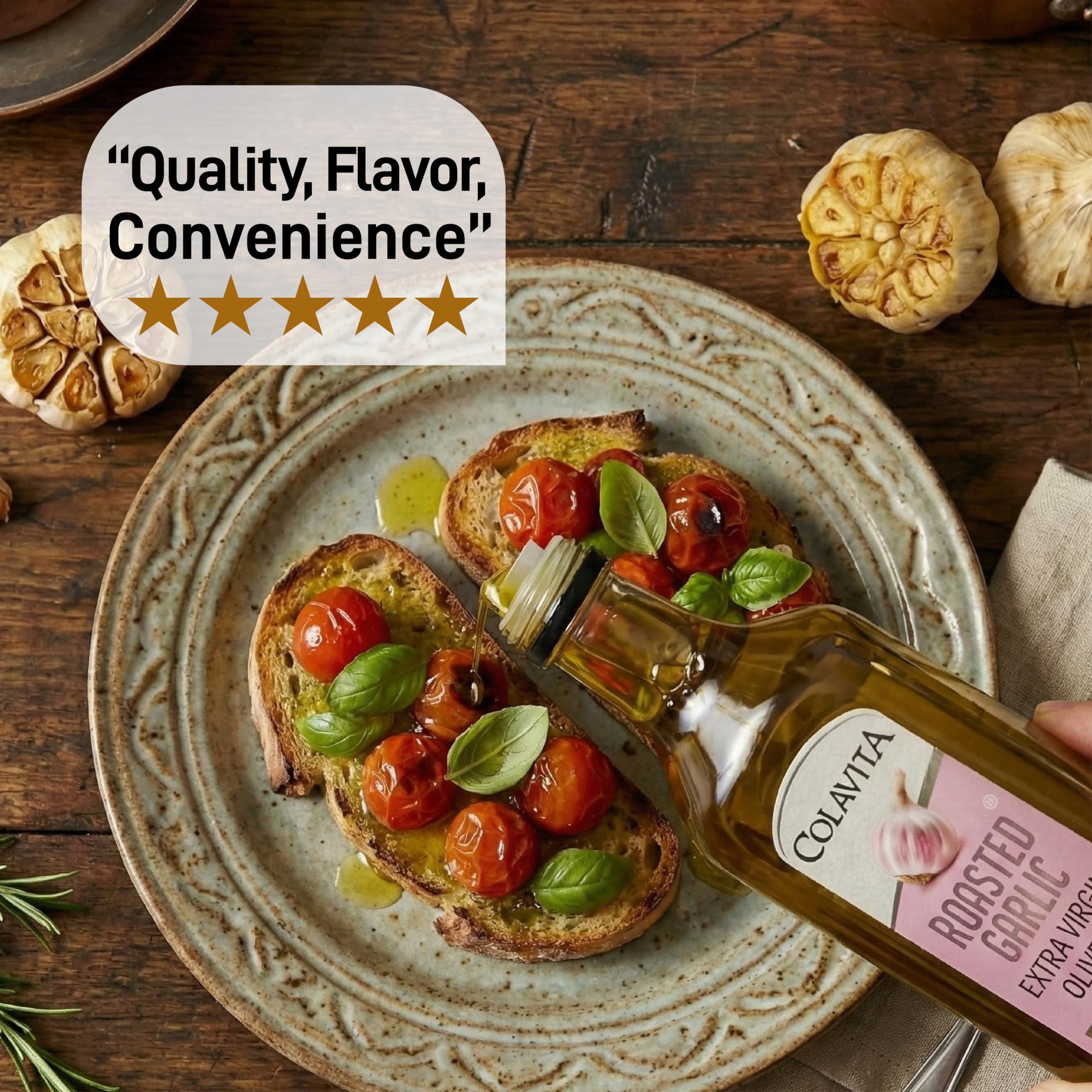 Colavita Roasted Garlic EVOO kept away from heat preserves freshness.