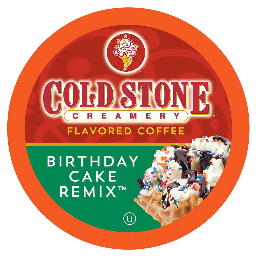 Cold Stone Beverages Birthday Cake Remix coffee pod in packaging showcases a dessert-inspired morning treat