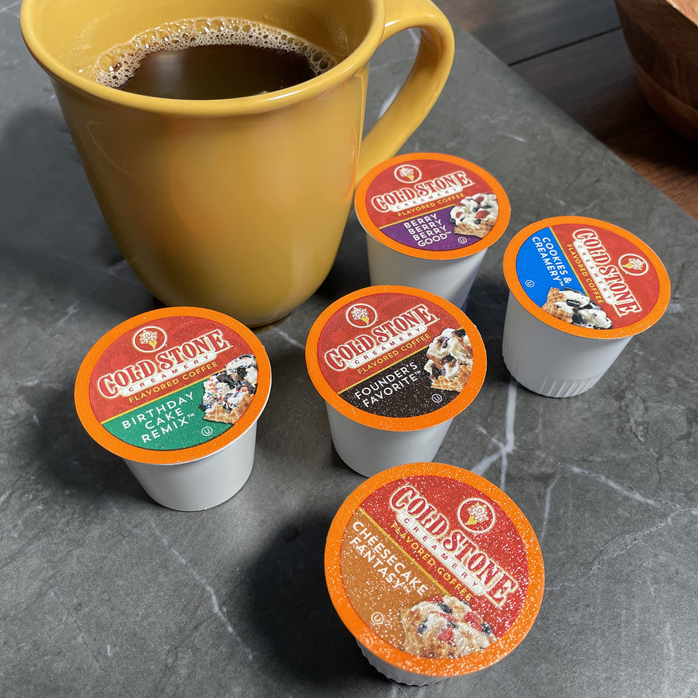 Cold Stone Creamery Beverages 40-count pack provides convenient at-home coffee variety.