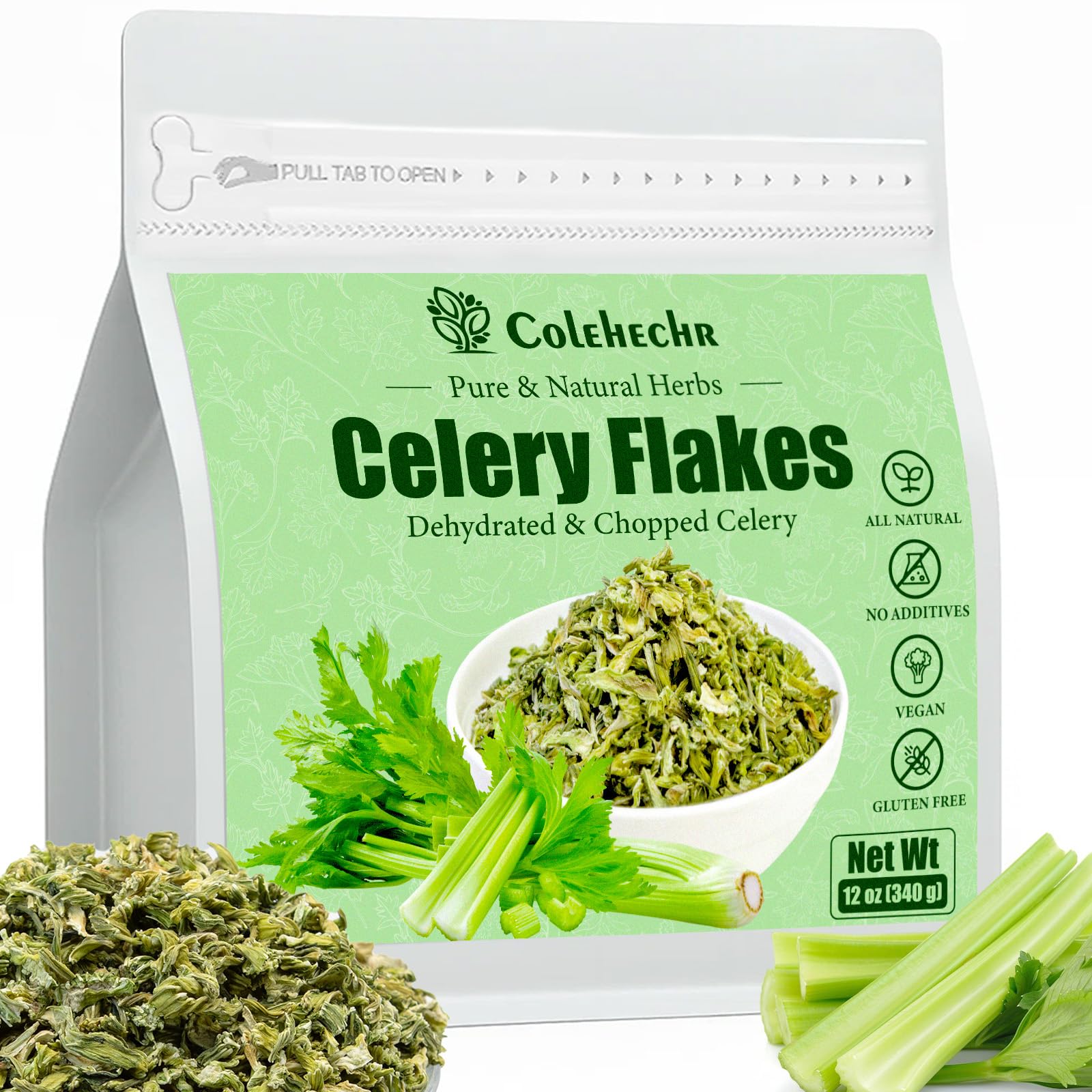 Colehechr Celery Flakes 12oz bag for effortless seasoning in soups, stews, and dressings.
