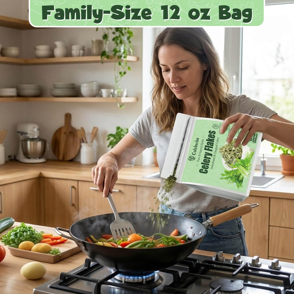 Colehechr Celery Flakes ideal for meal prep without washing and chopping fresh stalks.