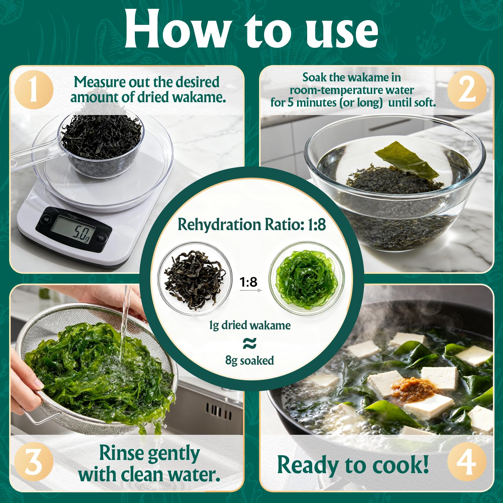 Colehechr wakame suitable for miso soup, ramen, and salads.