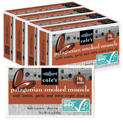 Cole's Patagonian smoked mussels can with lemon and garlic in EVOO, ready to eat