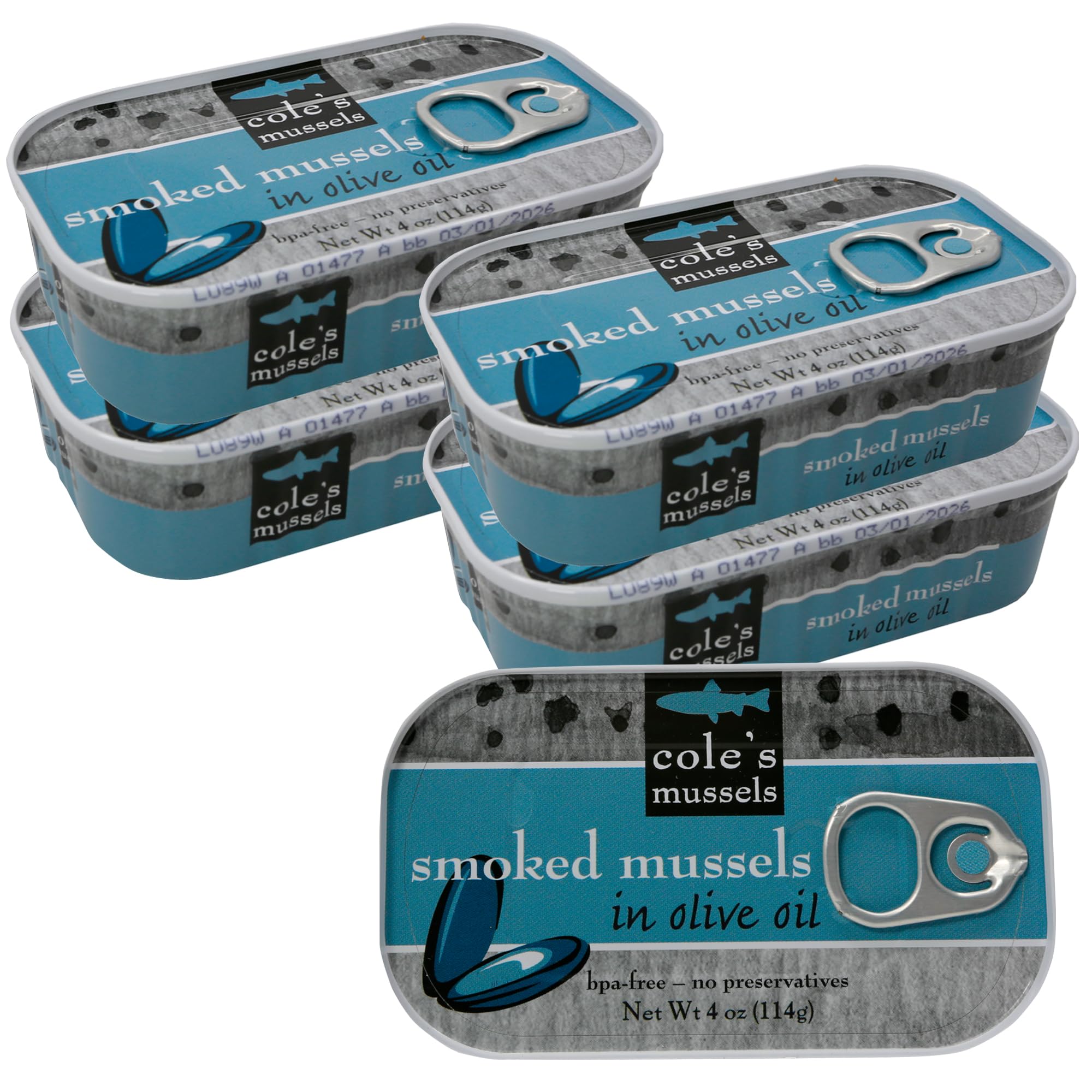 Cole's Patagonian smoked mussels in olive oil front can, protein-rich snack