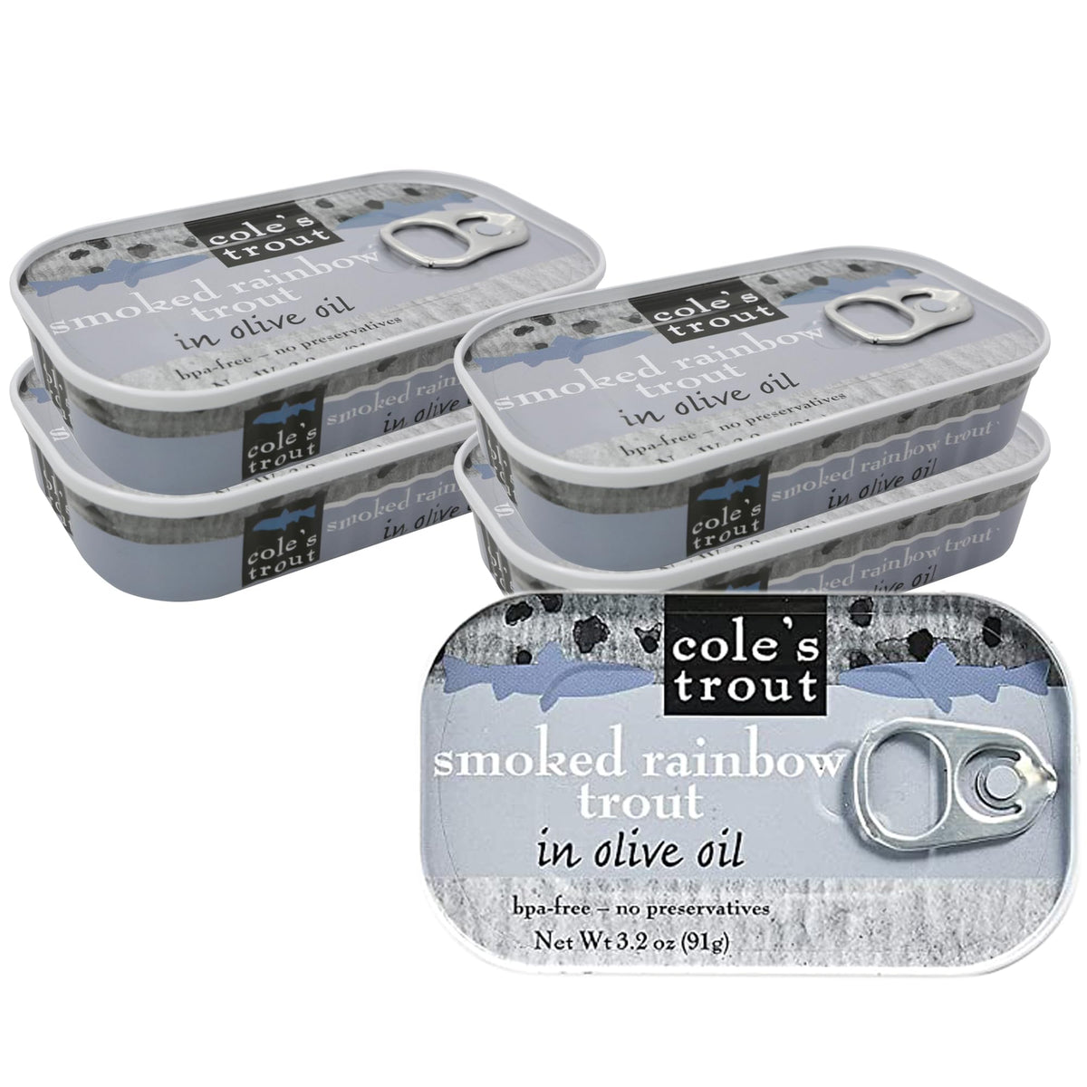 Cole's smoked trout fillet in olive oil can, premium quality and flavor.
