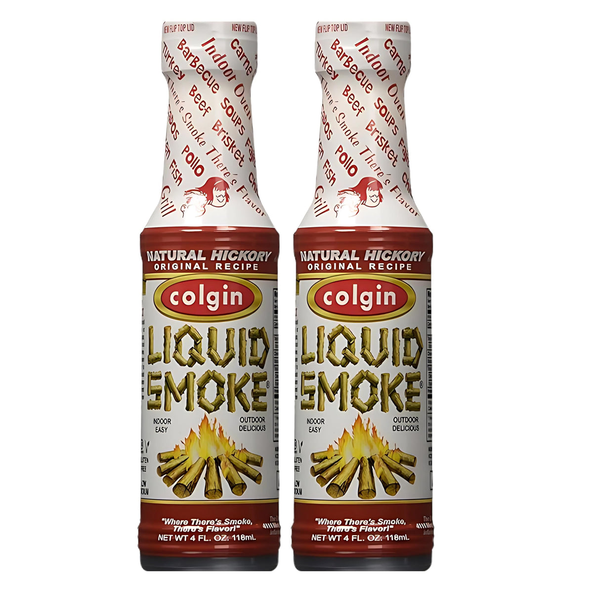 Colgin authentic hickory liquid smoke bottle enhances meats with rich Texas-smoke flavor.