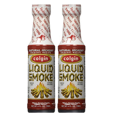 Colgin authentic hickory liquid smoke bottle enhances meats with rich Texas-smoke flavor.