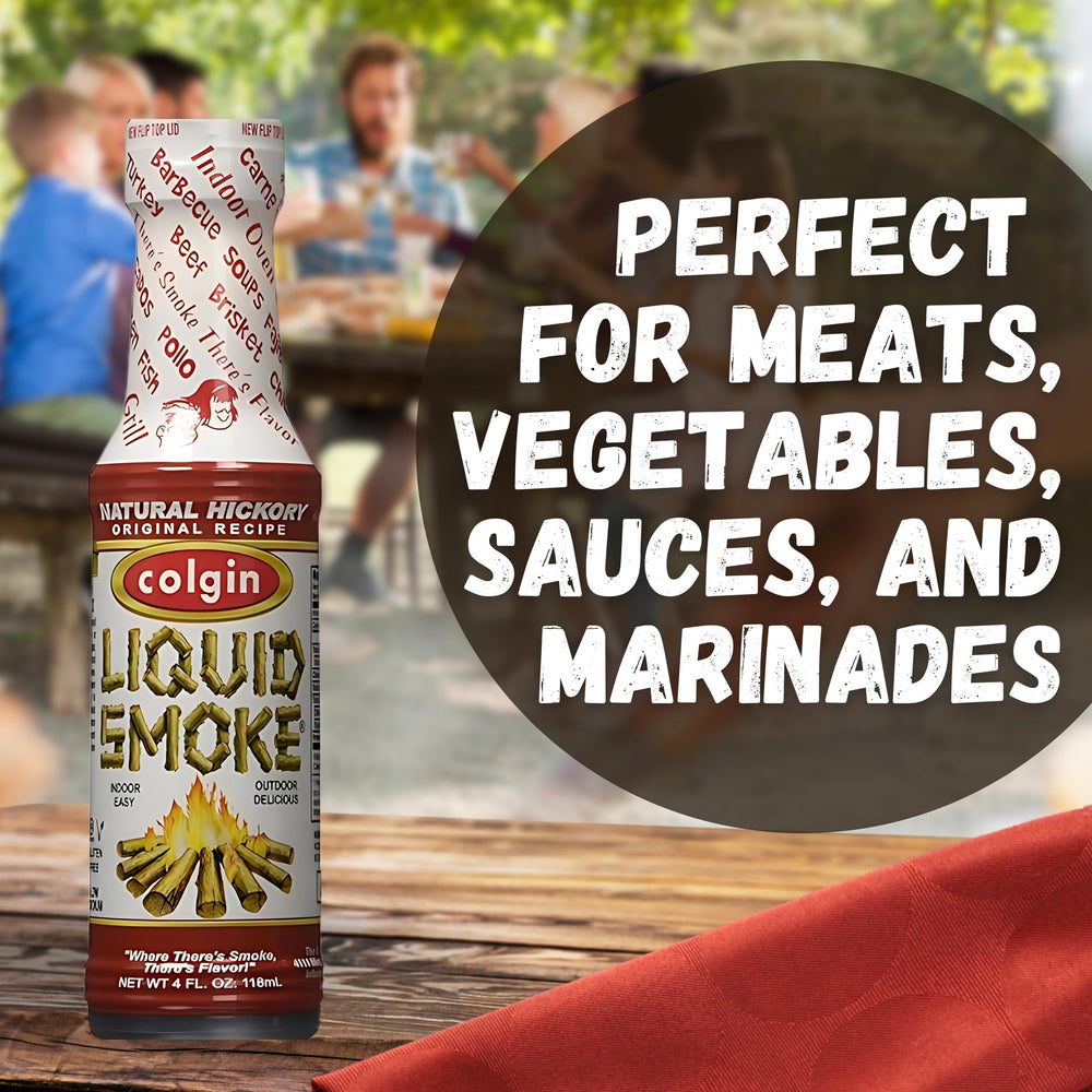 Colgin authentic hickory liquid smoke packaging signals vegan, gluten-free versatility.