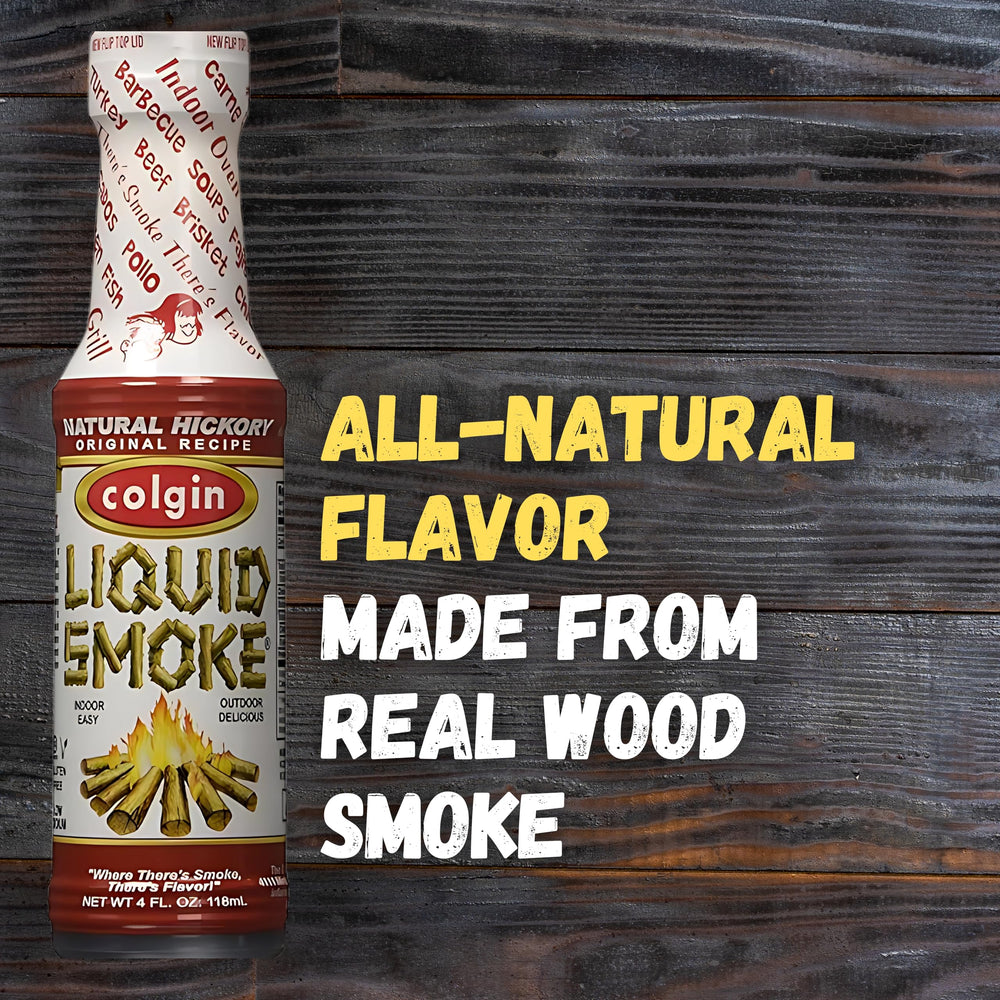 Colgin hickory liquid smoke pour enables easy drizzle for quick smoky finish.