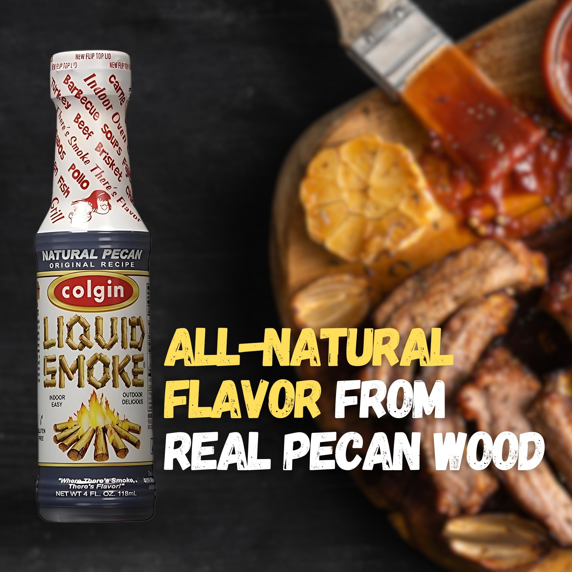 Colgin Liquid Smoke Pecan pour highlights ready-to-use smoky drizzle for meat
