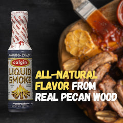 Colgin Liquid Smoke Pecan pour highlights ready-to-use smoky drizzle for meat