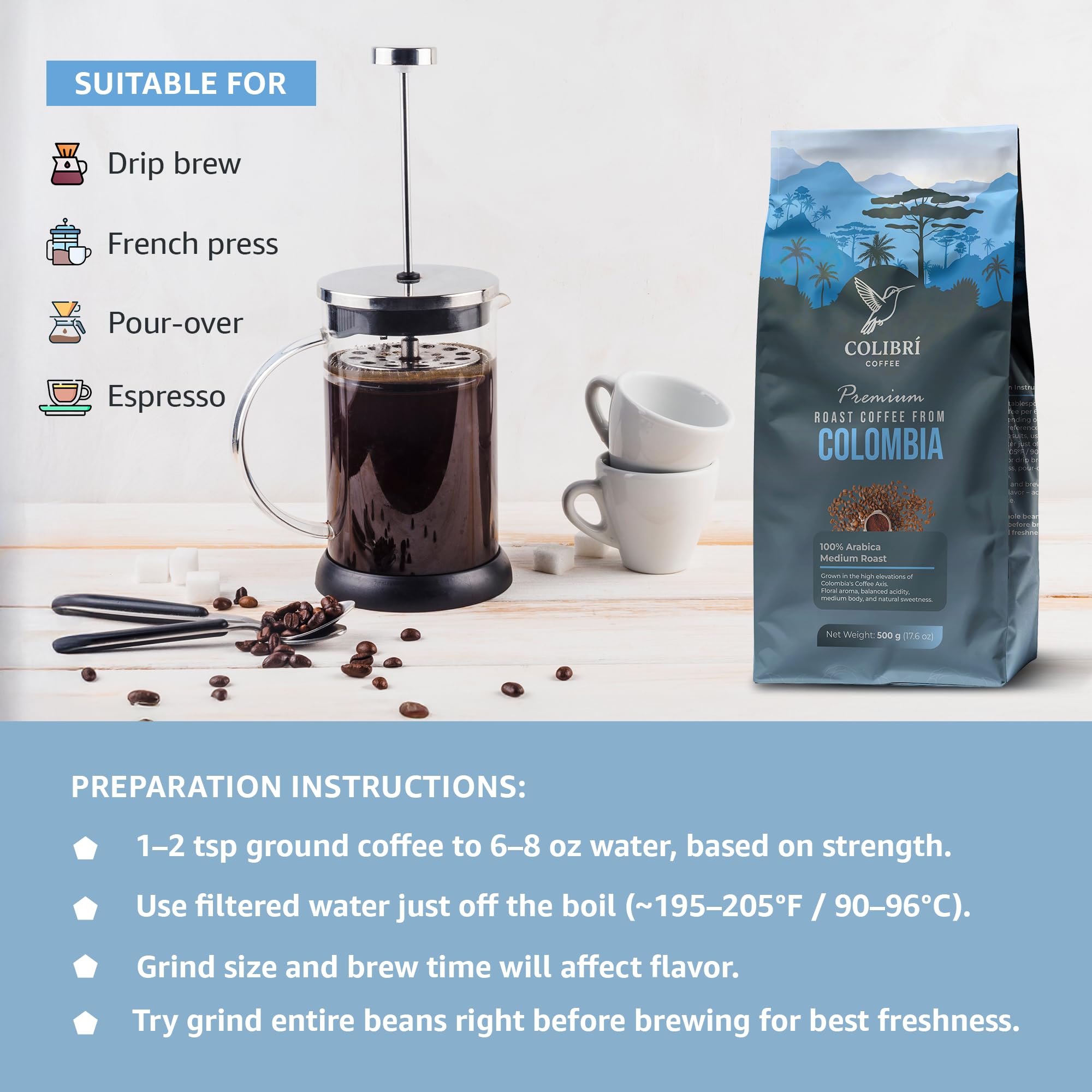 COLIBRI COFFEE ground coffee ready for French press