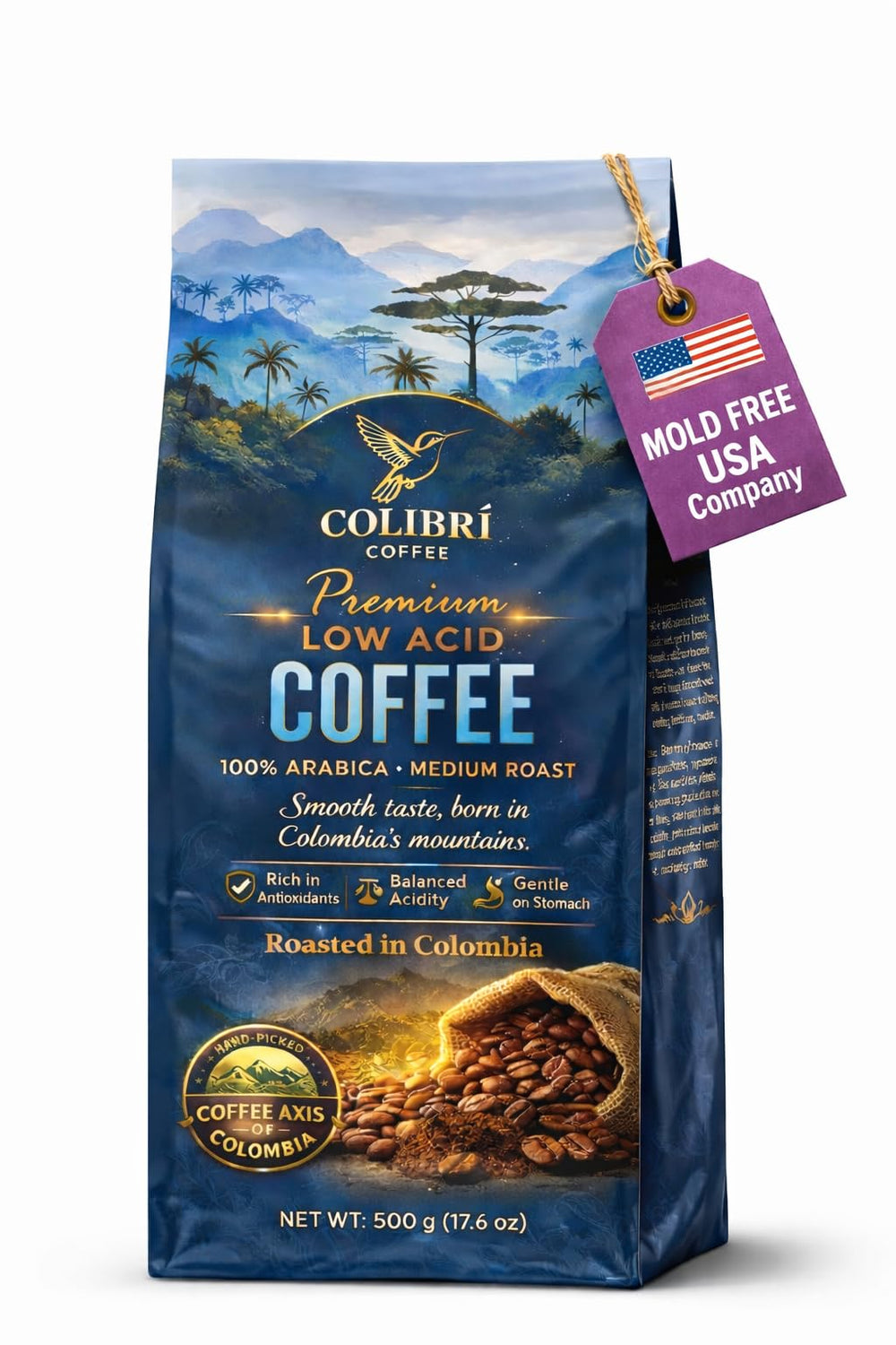 COLIBRI COFFEE low acid ground coffee bag for gentle daily brewing