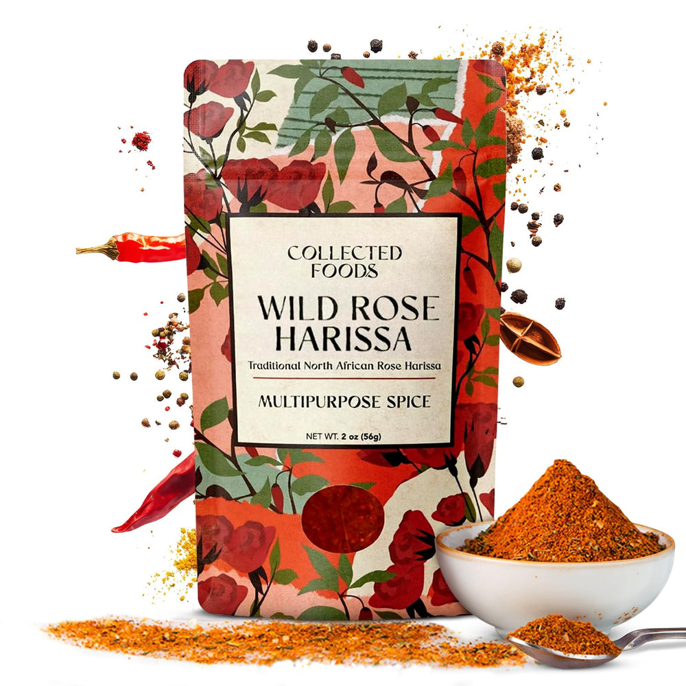 Collected Foods Rose Harissa spice blend jar close-up highlighting premium ingredients for bold Moroccan flavor