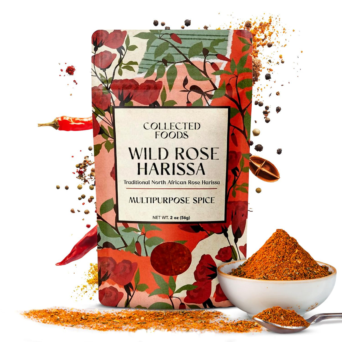 Collected Foods Rose Harissa spice blend jar close-up highlighting premium ingredients for bold Moroccan flavor