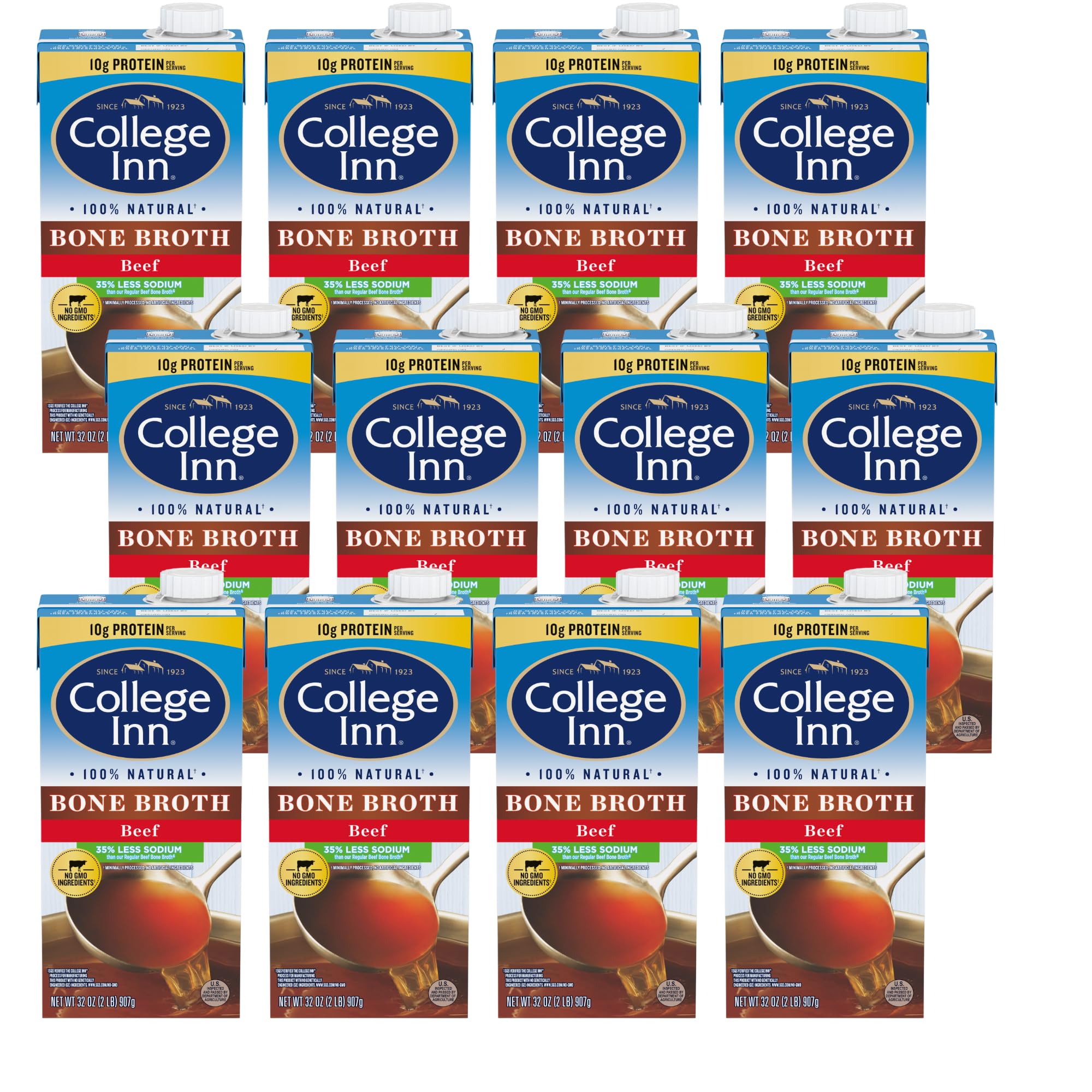 College Inn Reduced Sodium Beef Bone Broth carton front, resealable for easy storage
