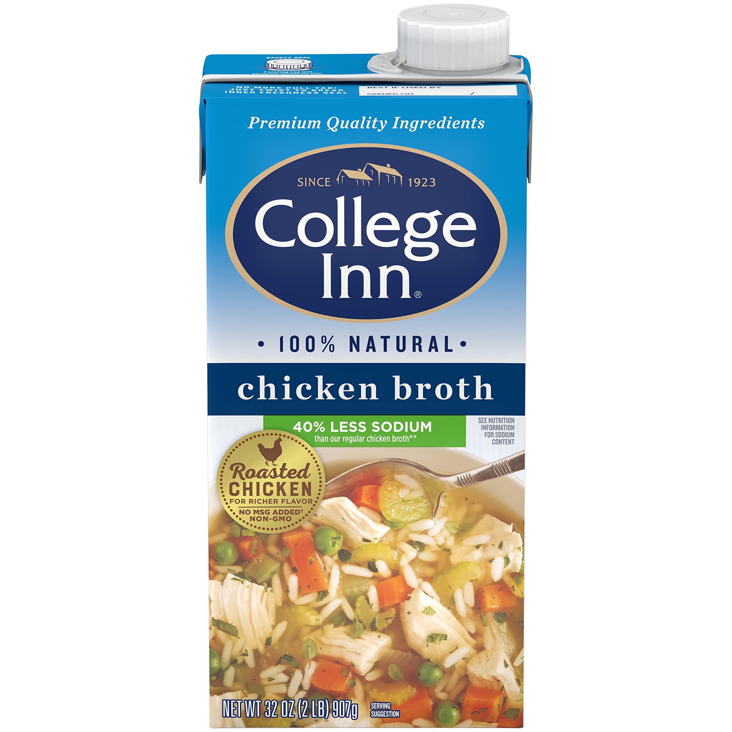 College Inn 40% less sodium chicken broth carton pour: ideal base for weeknight meals.