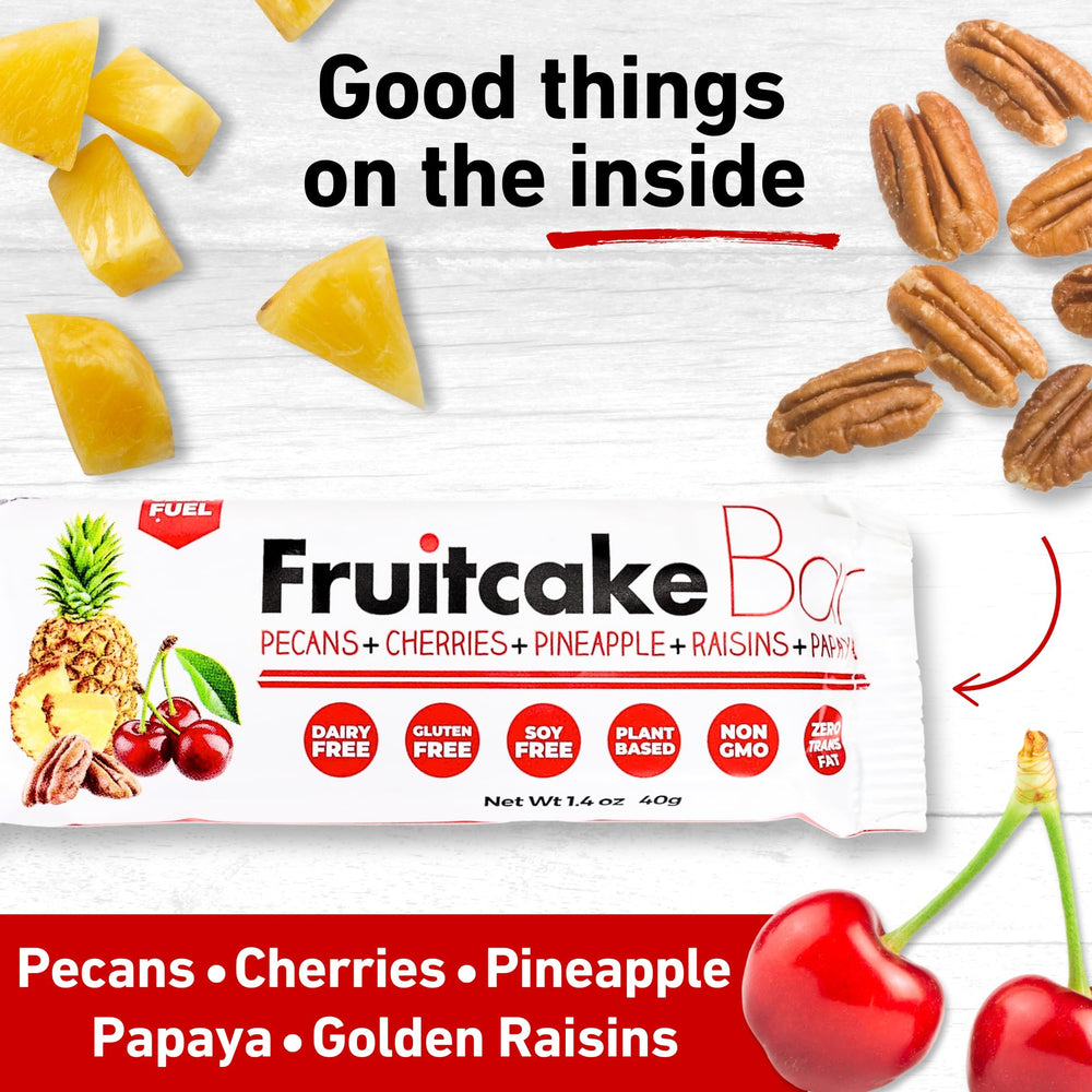 Collin Street Bakery fruitcake bar ingredients close-up features nuts and fruits