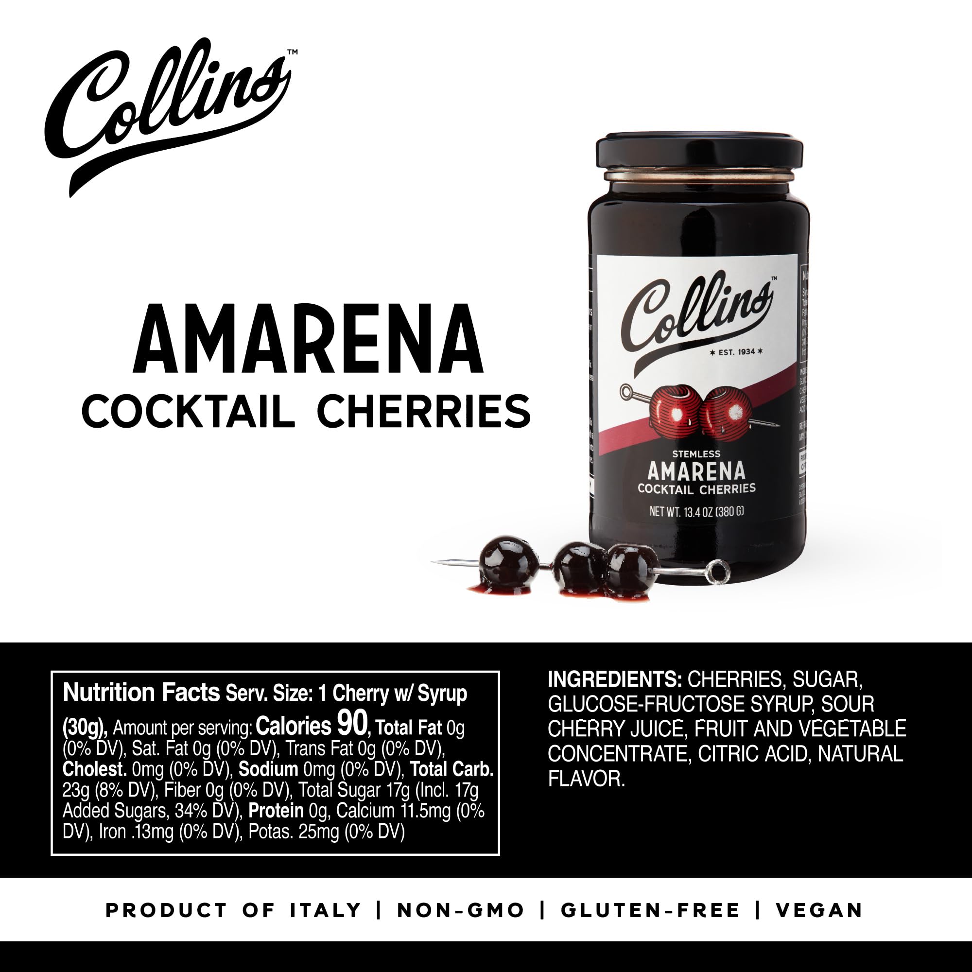 Collins Amarena cherries close-up show deep purple, syrup-rich finish