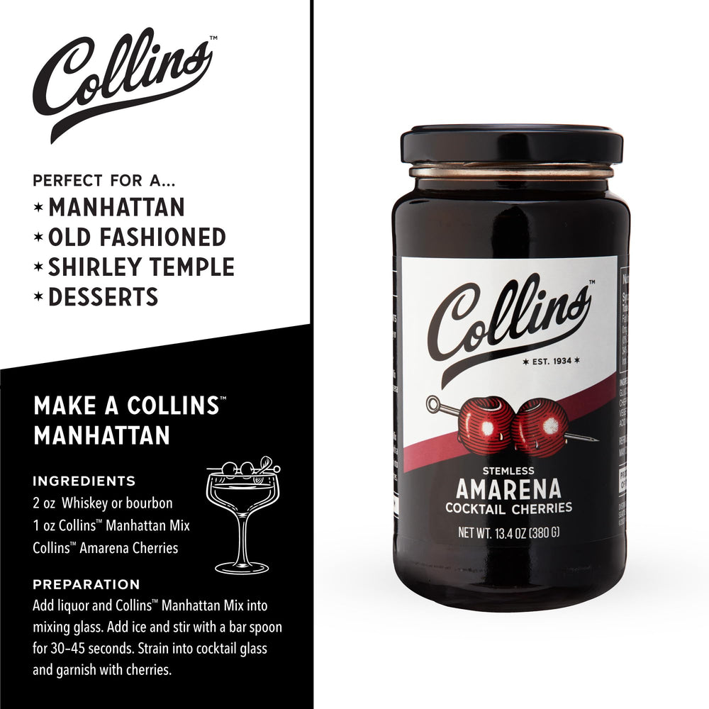 Collins Amarena cherries in syrup shine, ideal for martini or dessert toppings