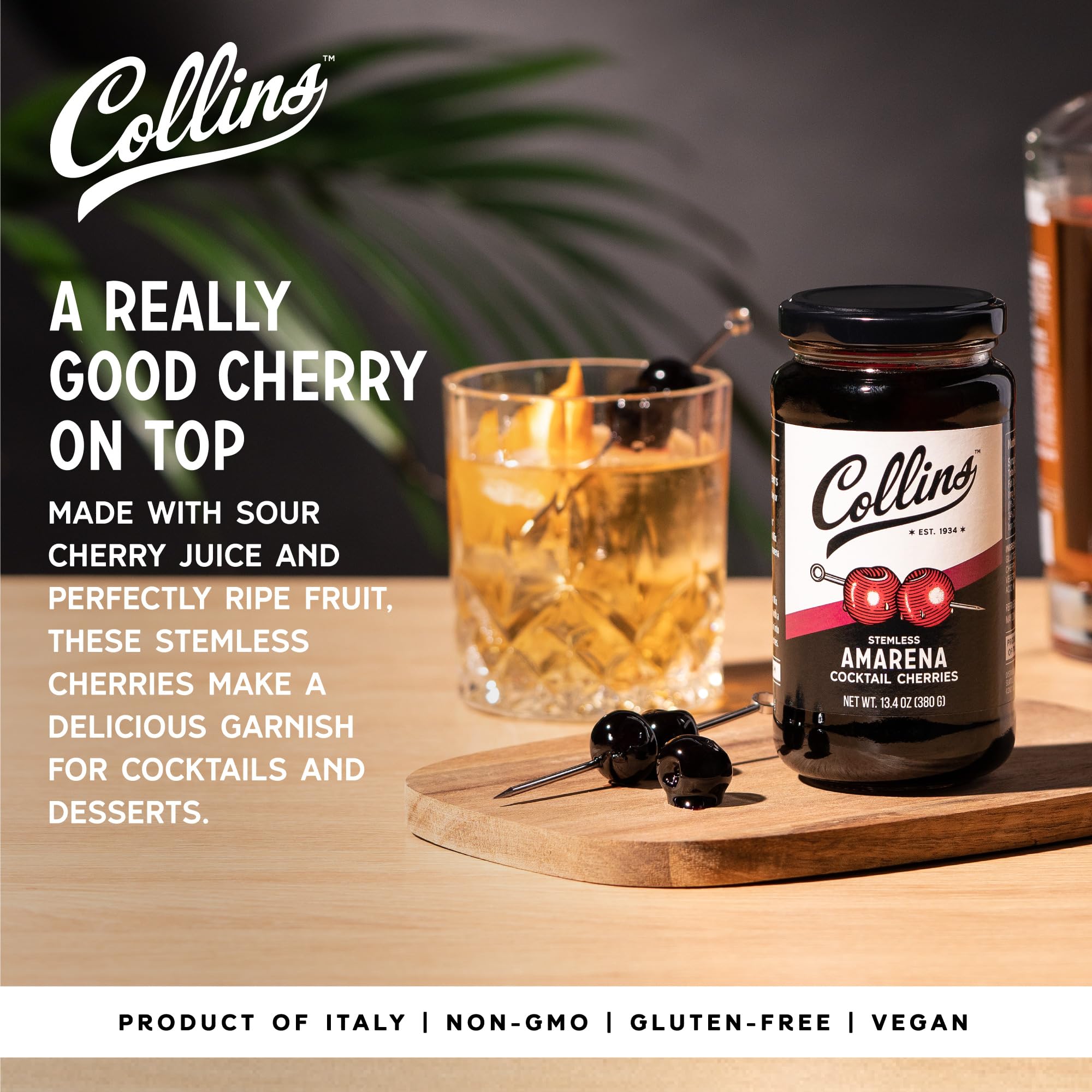 Collins stemless Amarena cherries, perfect garnish for classic cocktails
