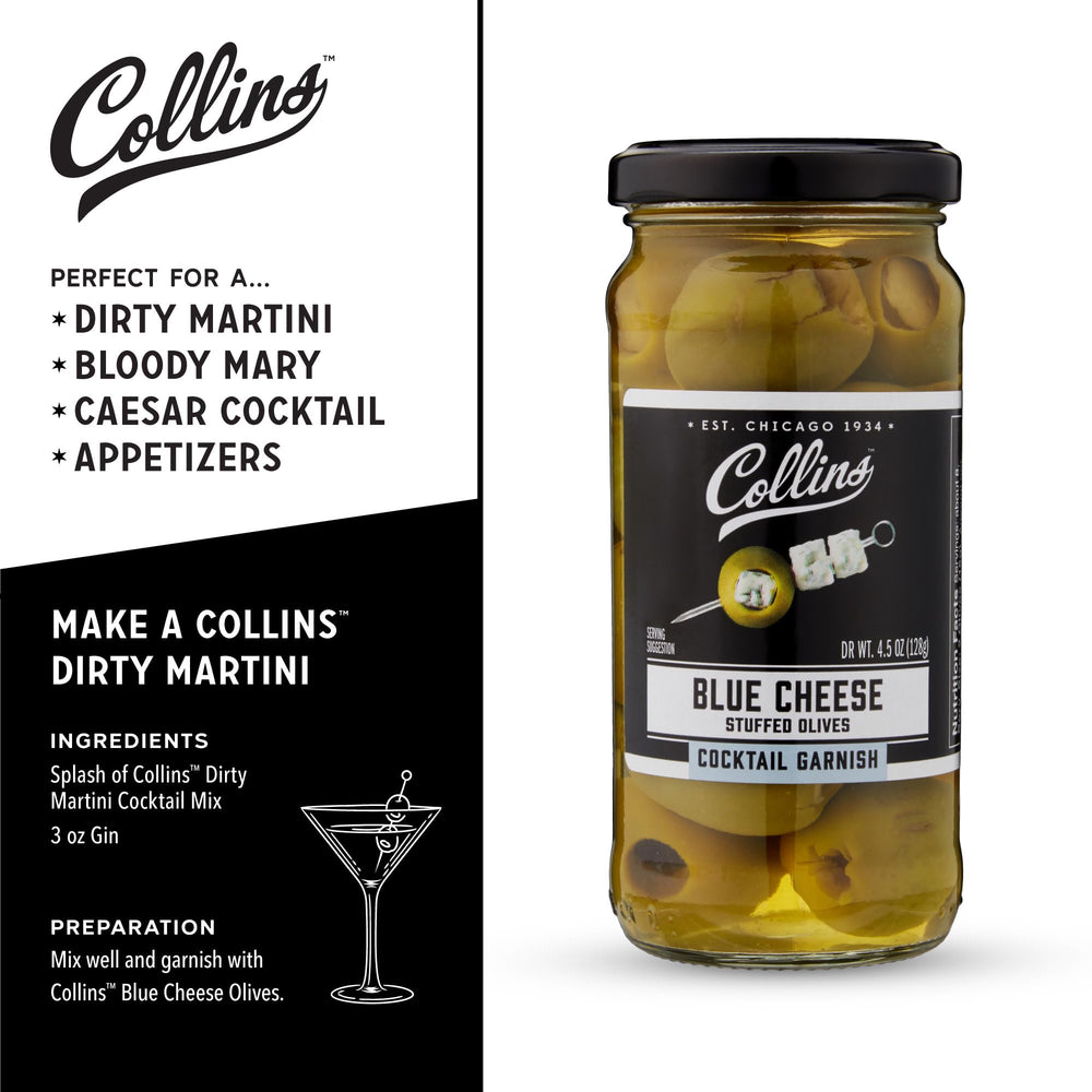 Collins Blue Cheese Olives brine jar snack ready to enjoy.