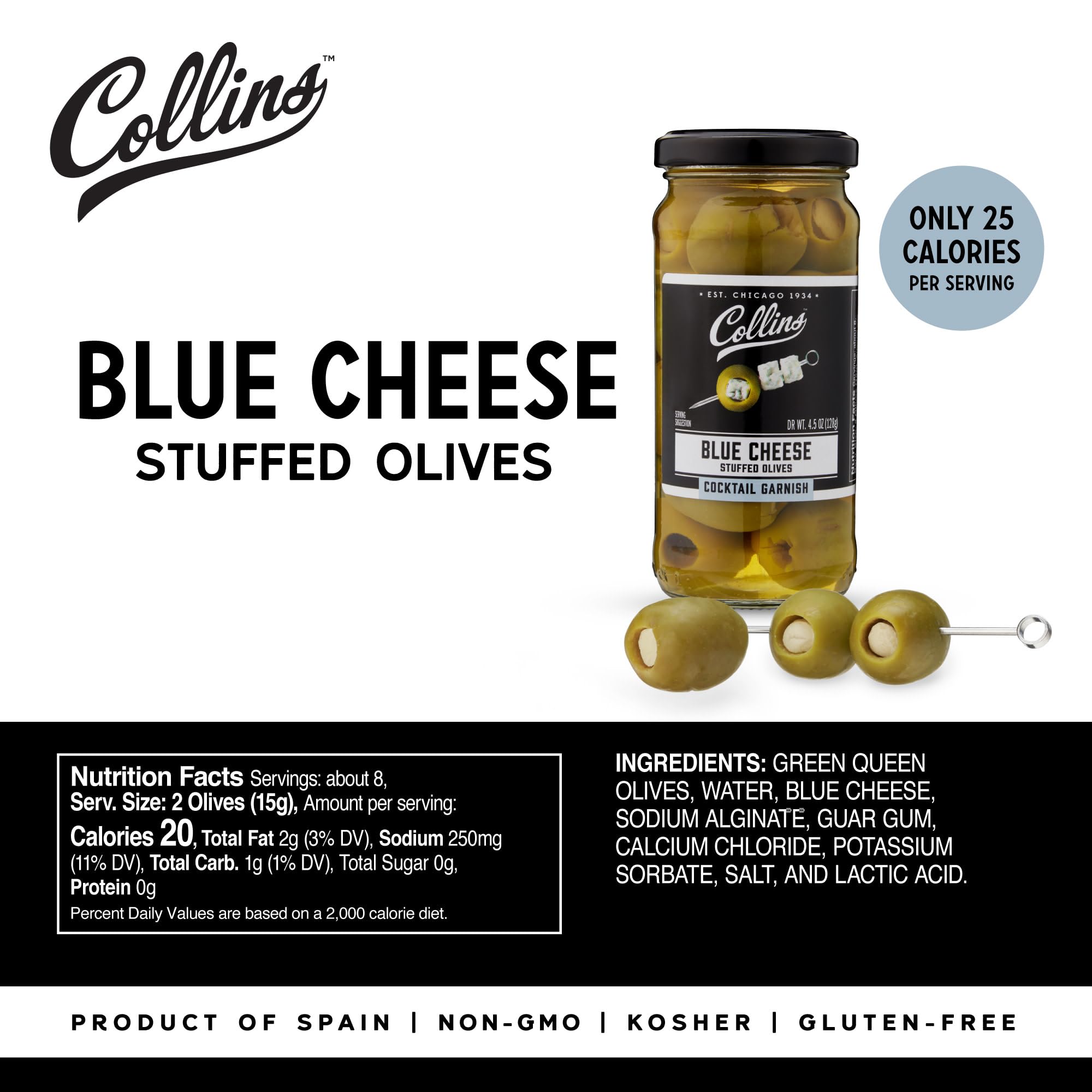 Collins Gourmet Blue Cheese Olives on charcuterie boards enhance flavor.
